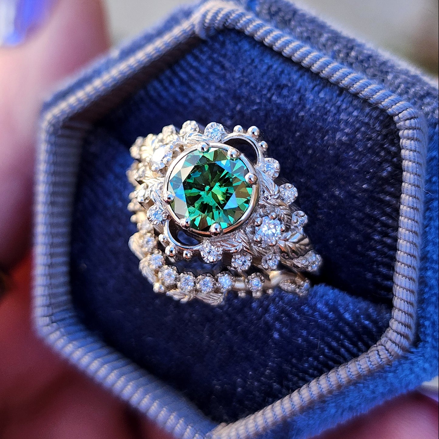 nature inspired leaf engagement ring set with green moissanite and diamonds 14k white gold image 5