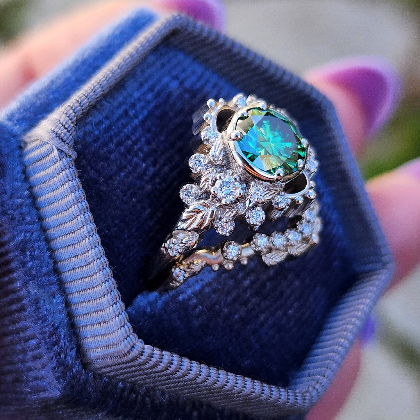 nature inspired leaf engagement ring set with green moissanite and diamonds 14k white gold image 6