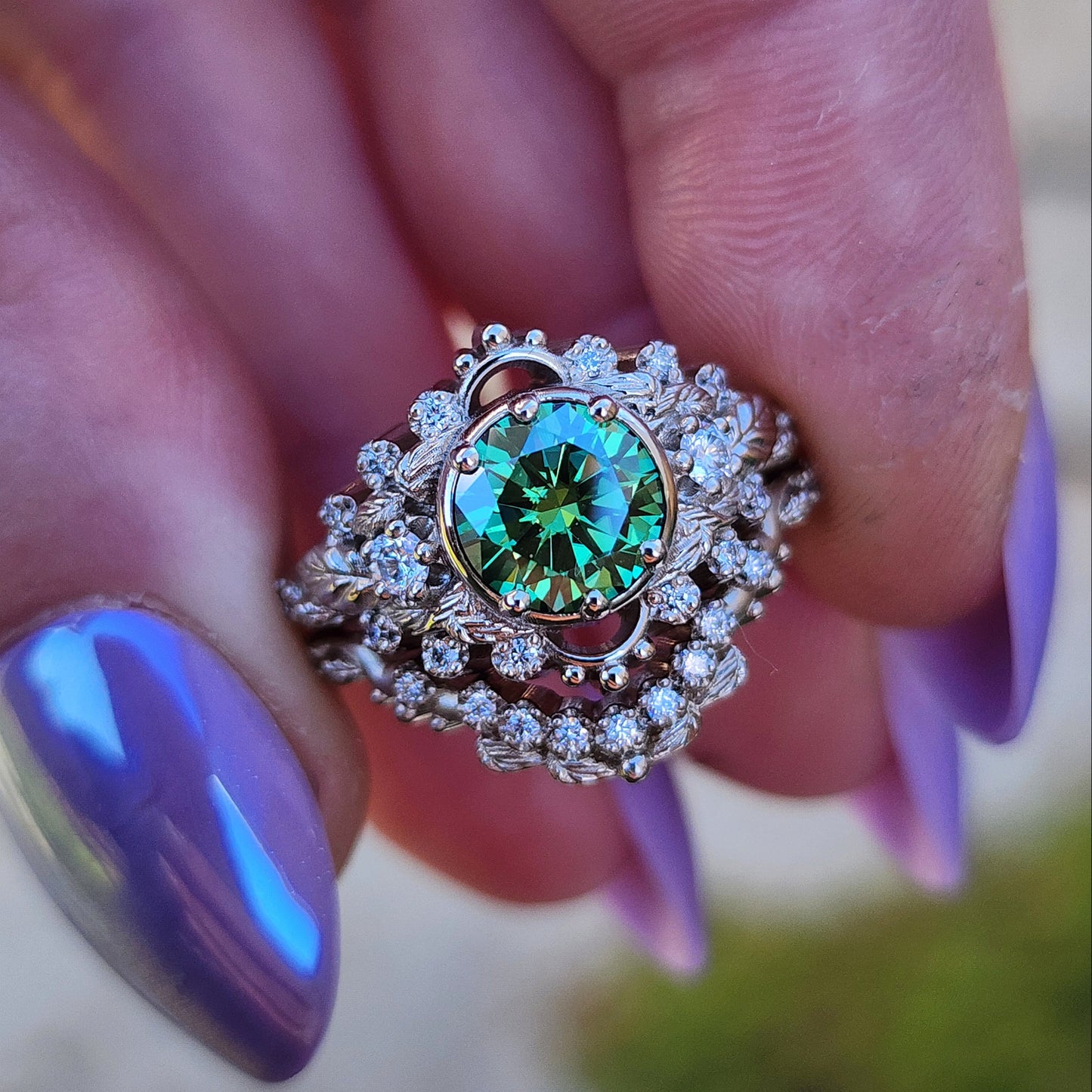 nature inspired leaf engagement ring set with green moissanite and diamonds 14k white gold image 7