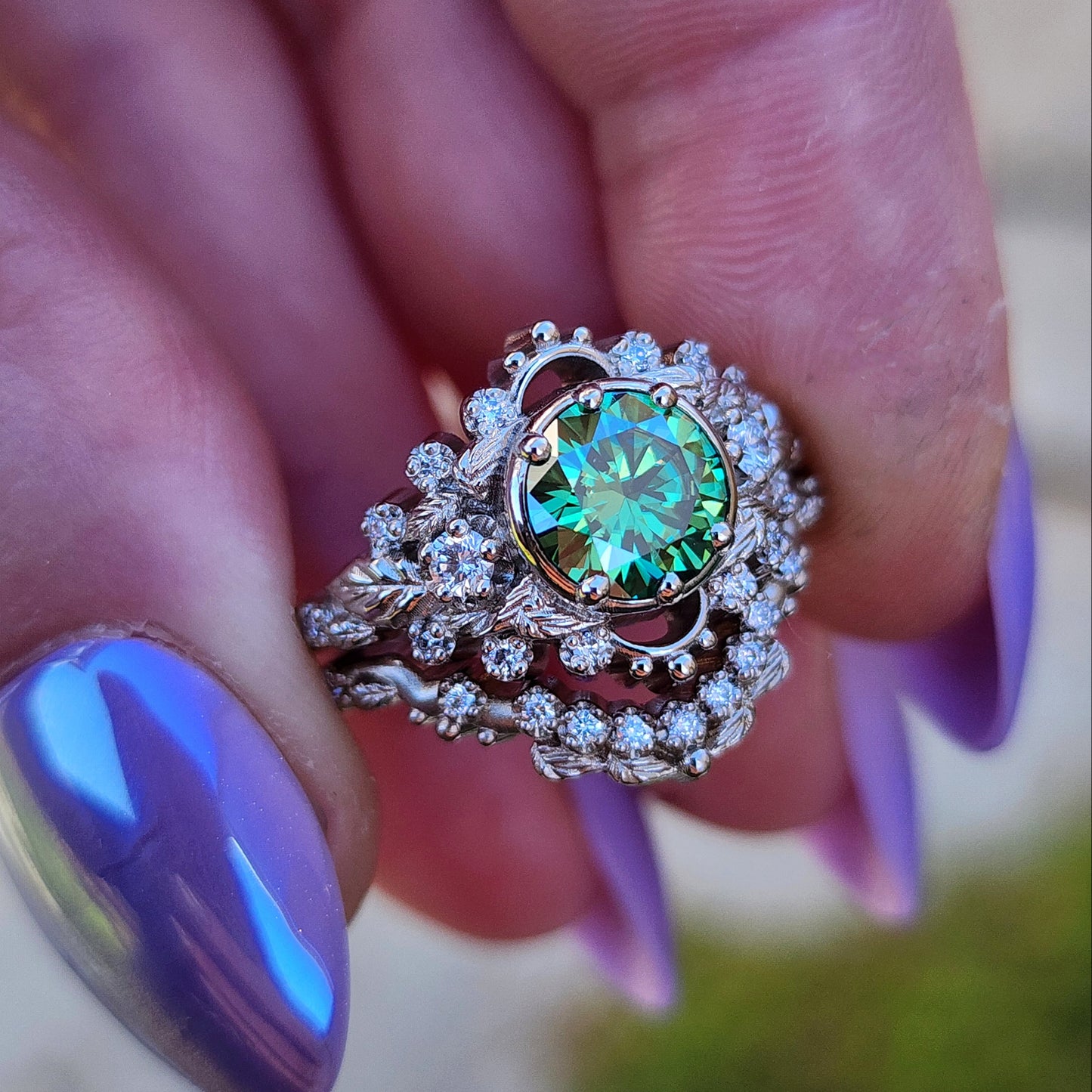 nature inspired leaf engagement ring set with green moissanite and diamonds 14k white gold image 8