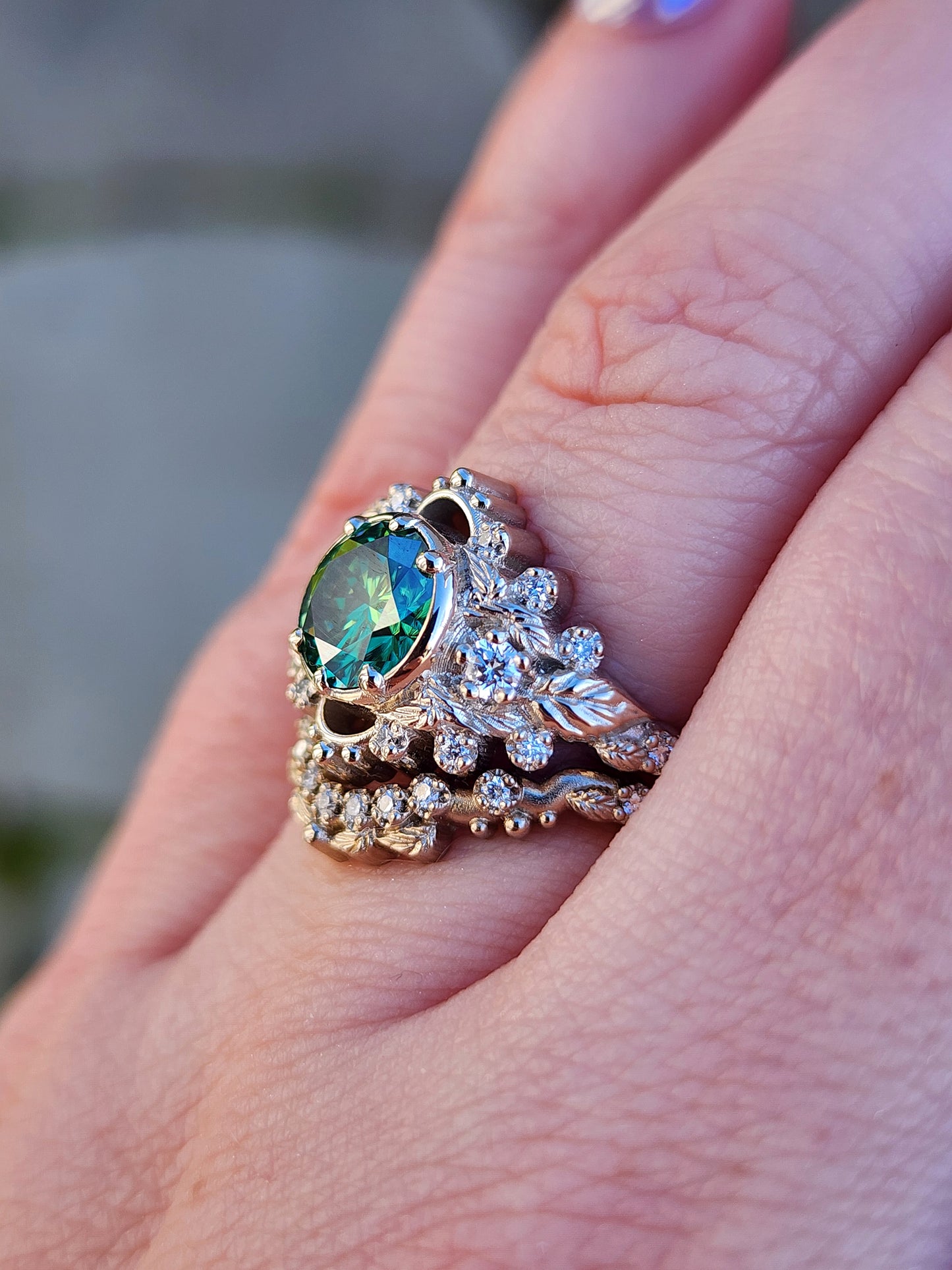 nature inspired leaf engagement ring set with green moissanite and diamonds 14k white gold image 11