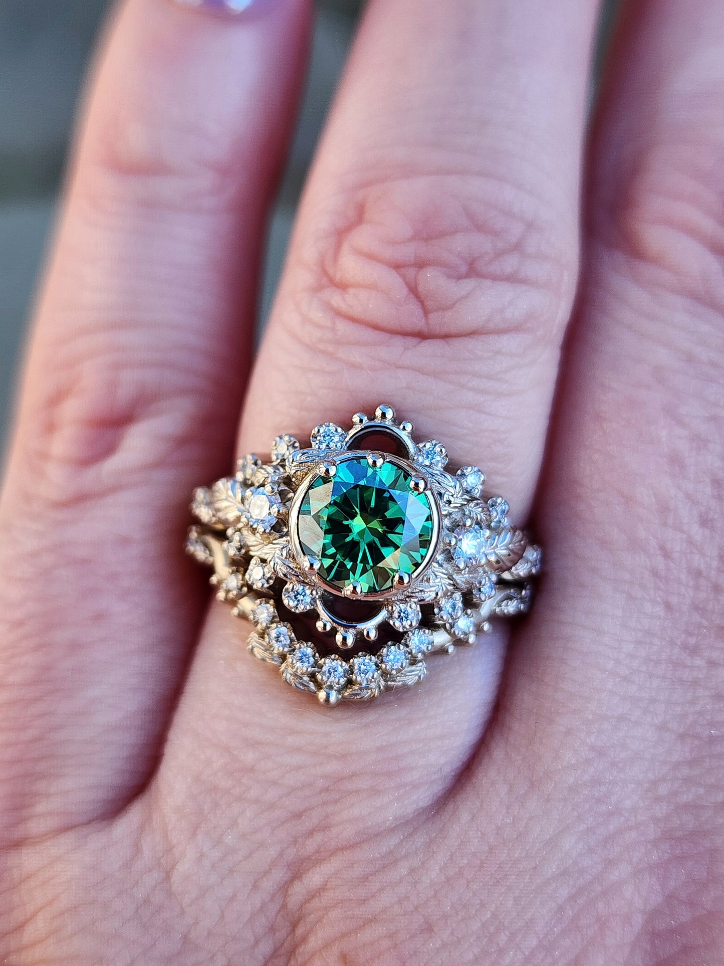 nature inspired leaf engagement ring set with green moissanite and diamonds 14k white gold image 9