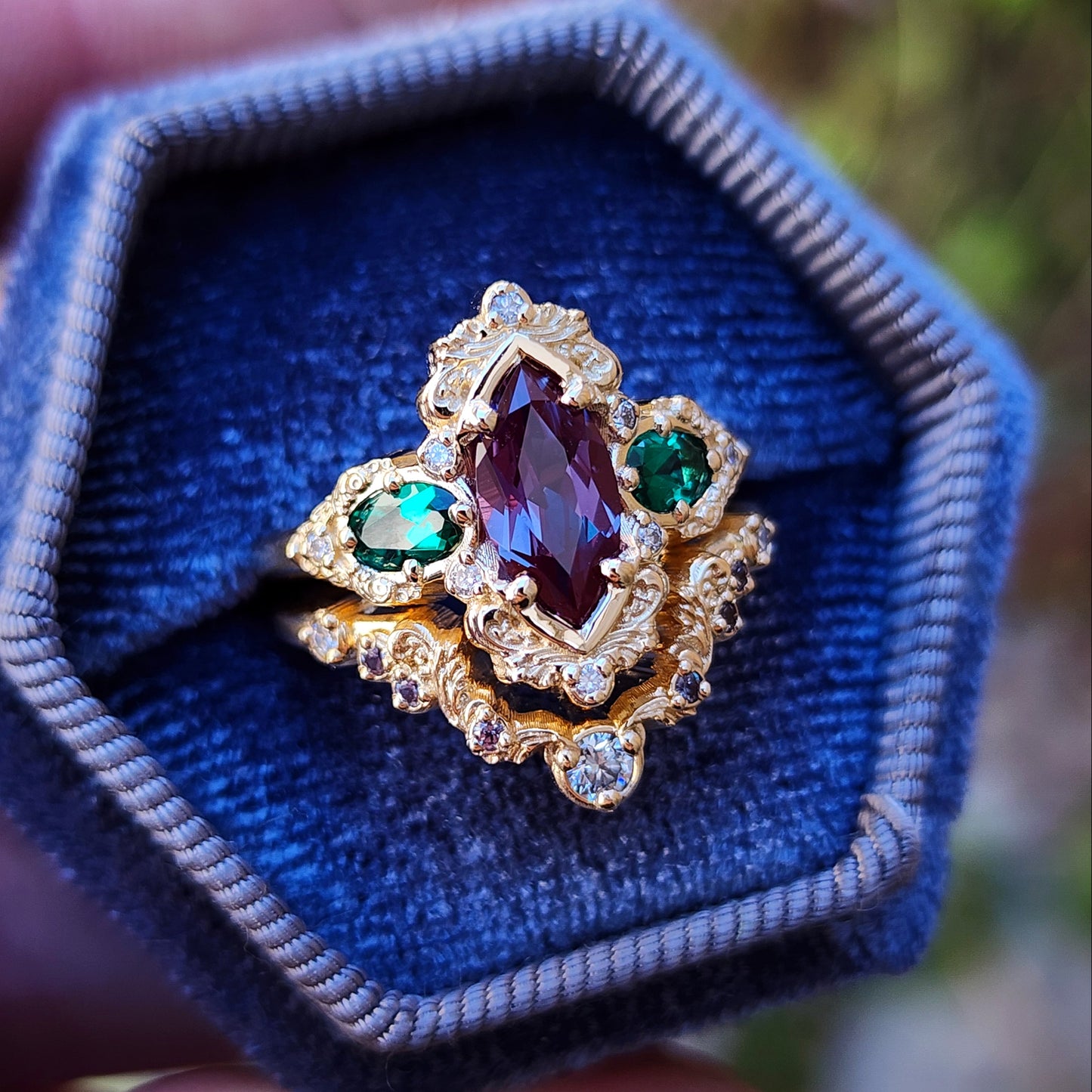 Alexandrite and Emerald gold filigree engagement ring set with diamonds 14k yellow gold image 7