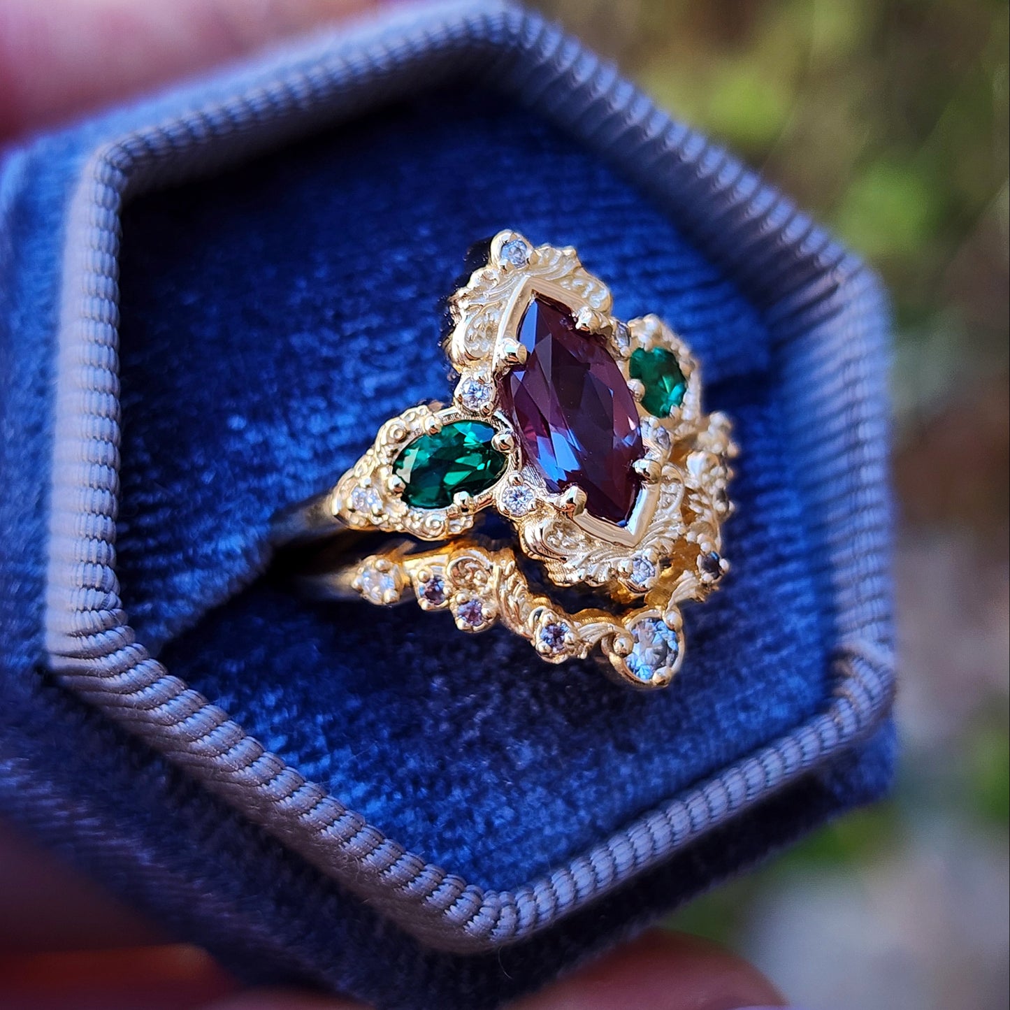 Alexandrite and Emerald gold filigree engagement ring set with diamonds 14k yellow gold image 8