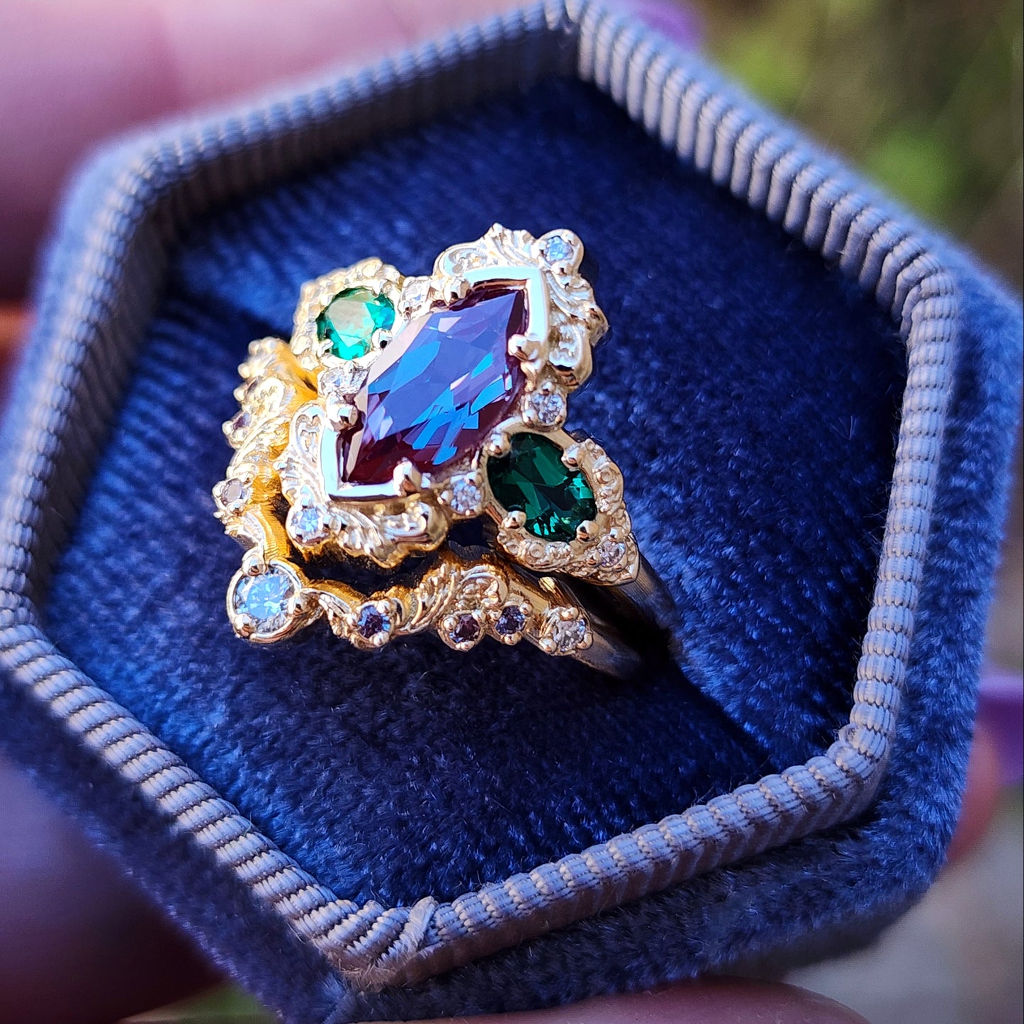 Alexandrite and Emerald gold filigree engagement ring set with diamonds 14k yellow gold image 9