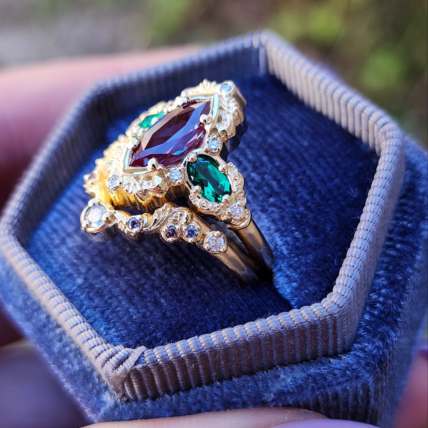 Alexandrite and Emerald gold filigree engagement ring set with diamonds 14k yellow gold image 10