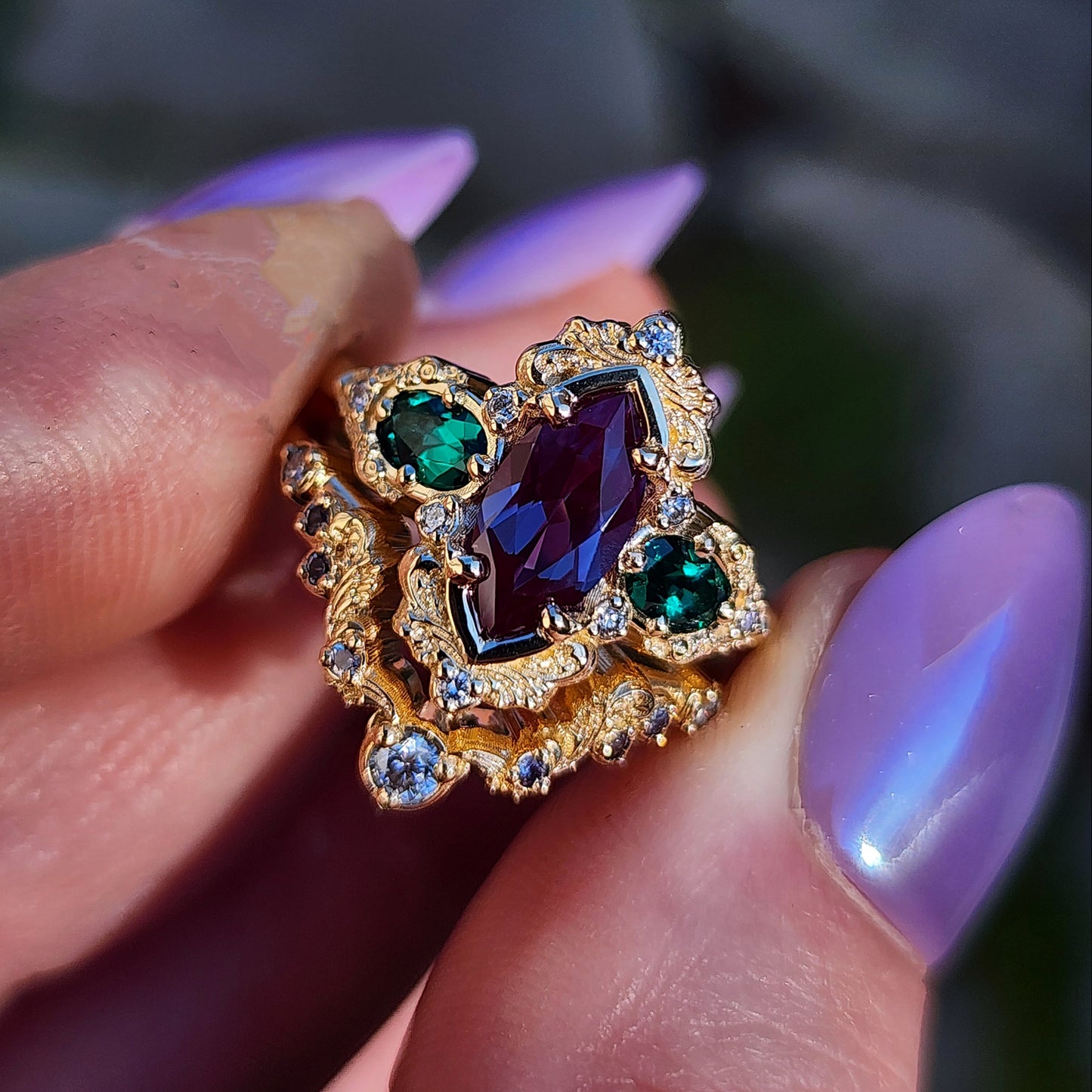 Alexandrite and Emerald gold filigree engagement ring set with diamonds 14k yellow gold image 1