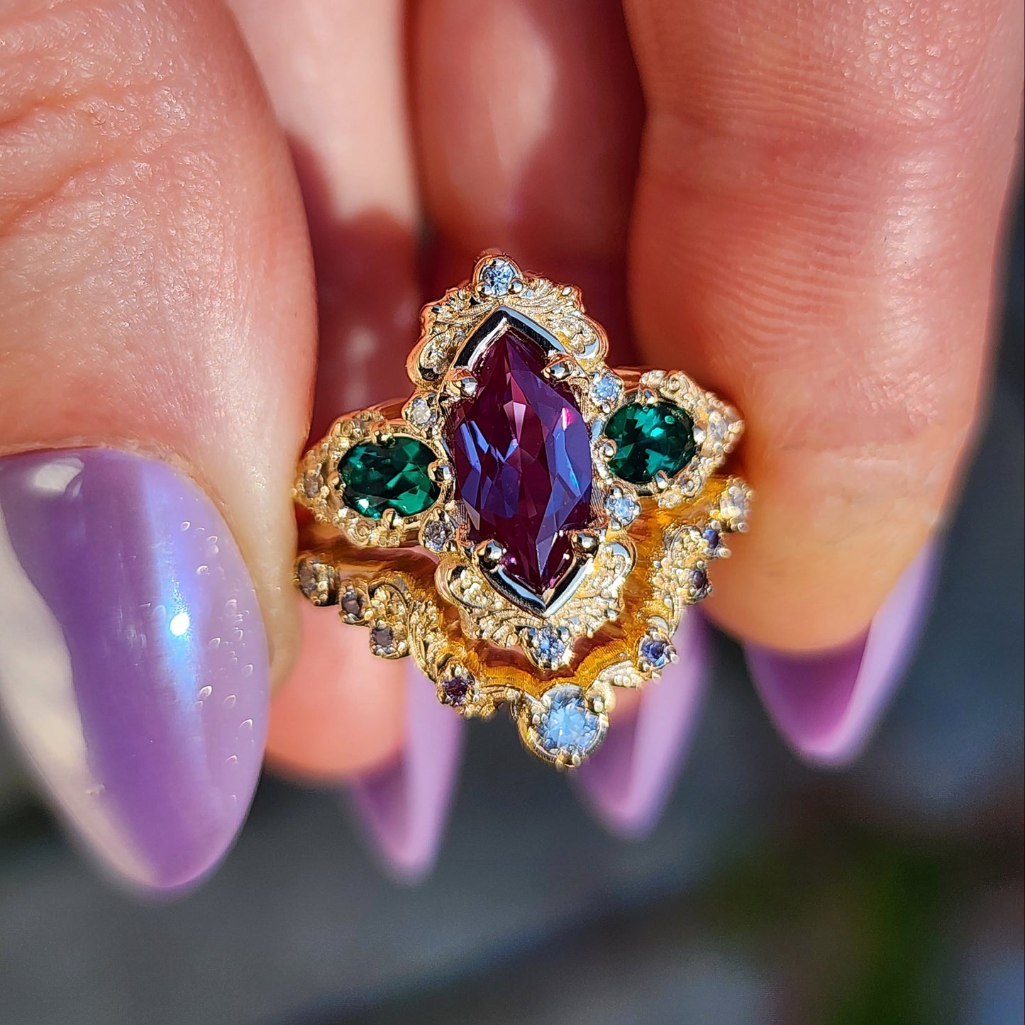 Alexandrite and Emerald gold filigree engagement ring set with diamonds 14k yellow gold image 3