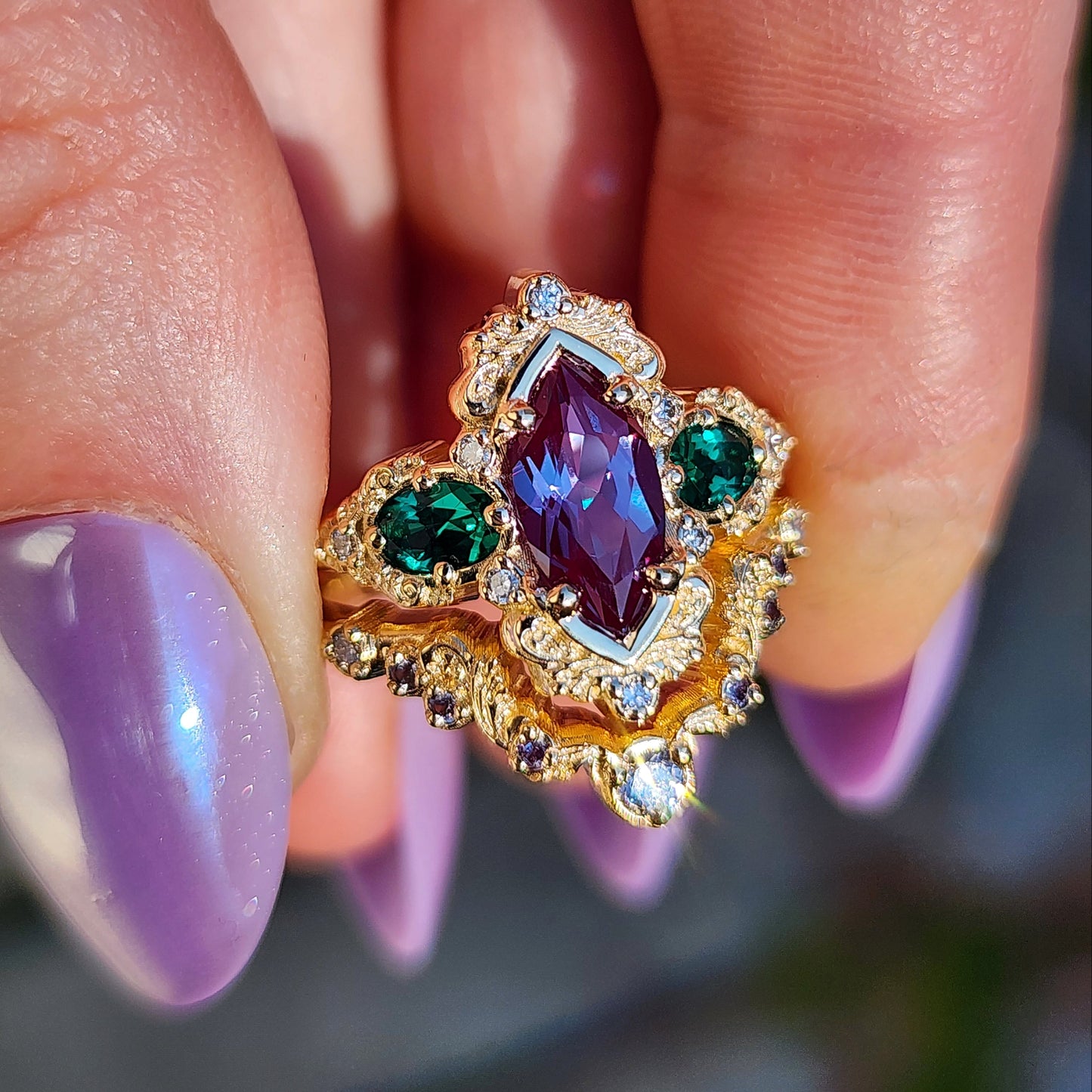 Alexandrite and Emerald gold filigree engagement ring set with diamonds 14k yellow gold image 4