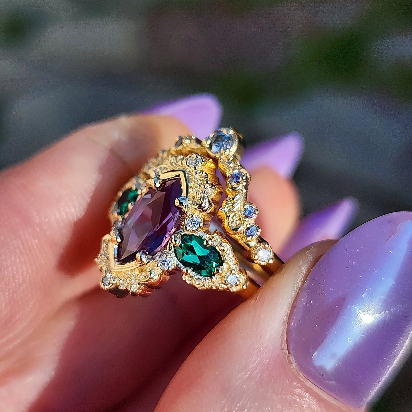 Alexandrite and Emerald gold filigree engagement ring set with diamonds 14k yellow gold image 6