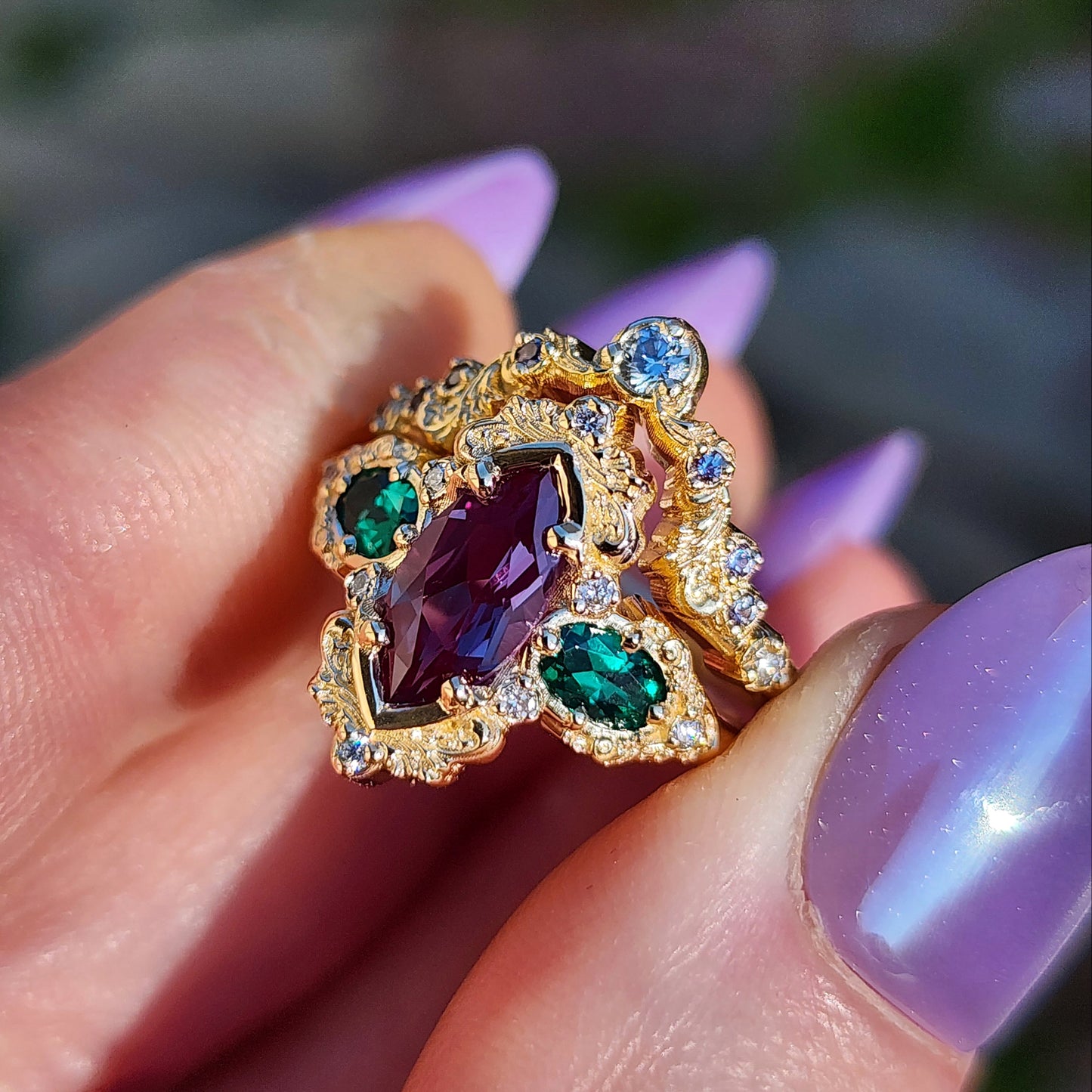 Alexandrite and Emerald gold filigree engagement ring set with diamonds 14k yellow gold image 5