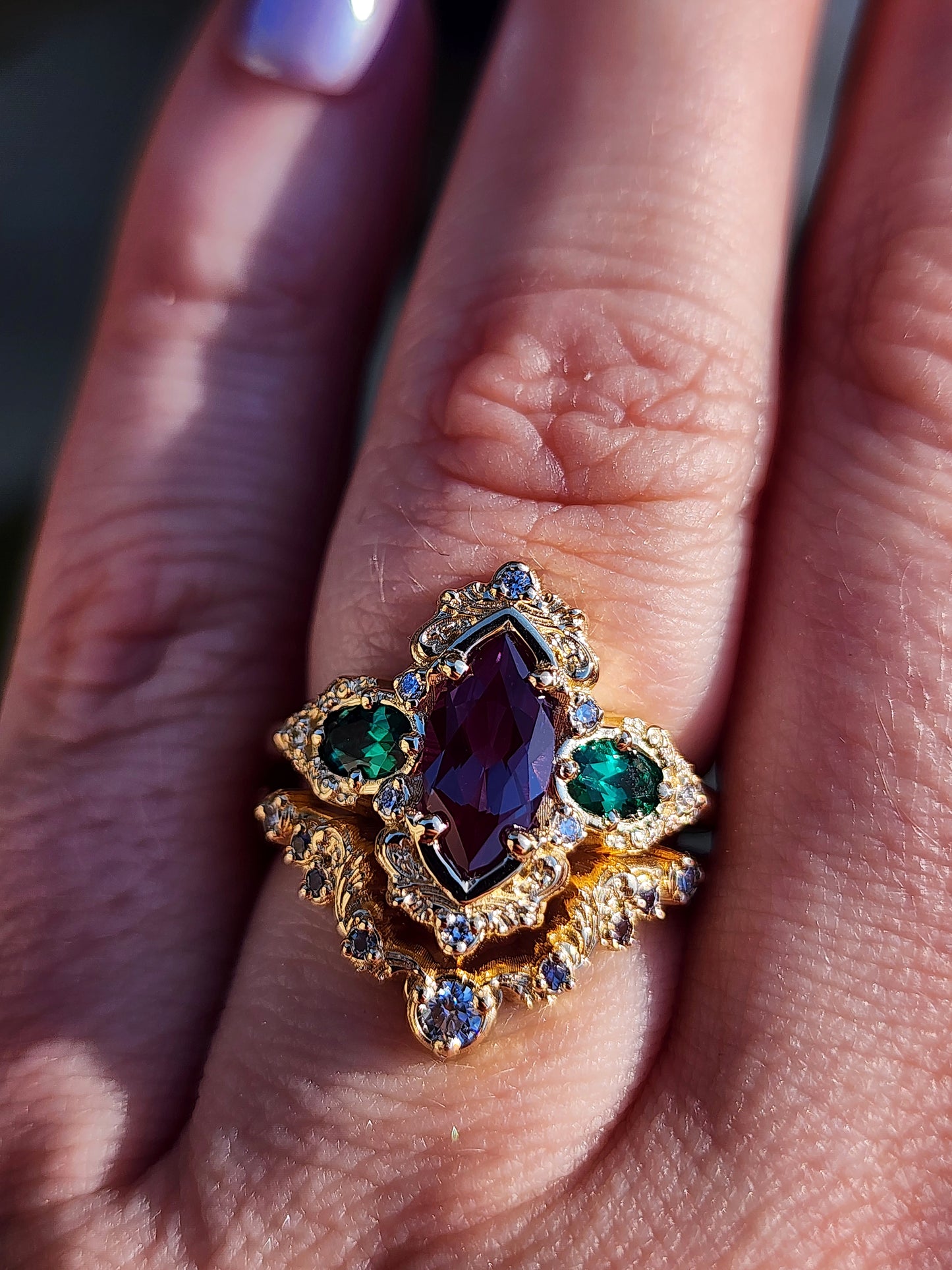 Alexandrite and Emerald gold filigree engagement ring set with diamonds 14k yellow gold image 11
