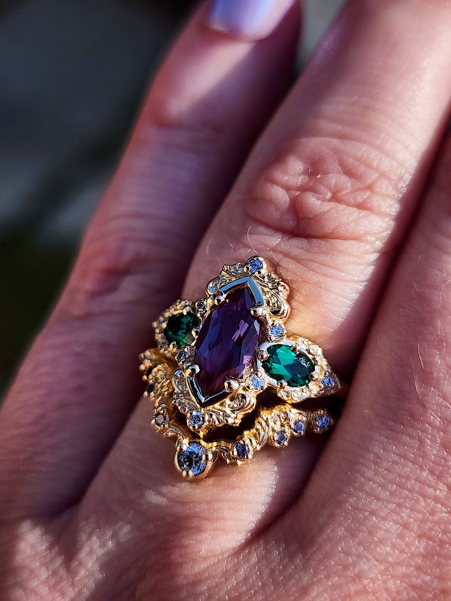 Alexandrite and Emerald gold filigree engagement ring set with diamonds 14k yellow gold image 12