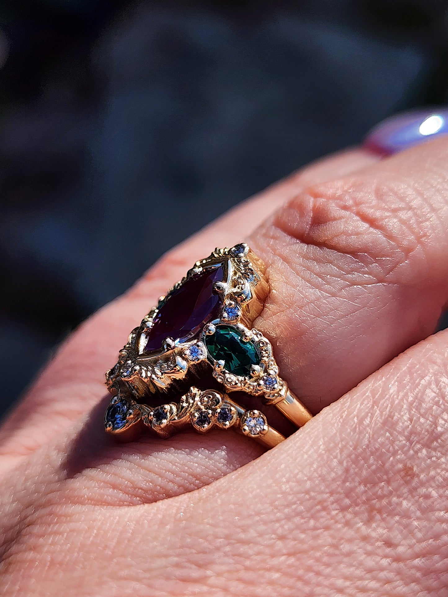 Alexandrite and Emerald gold filigree engagement ring set with diamonds 14k yellow gold image 13