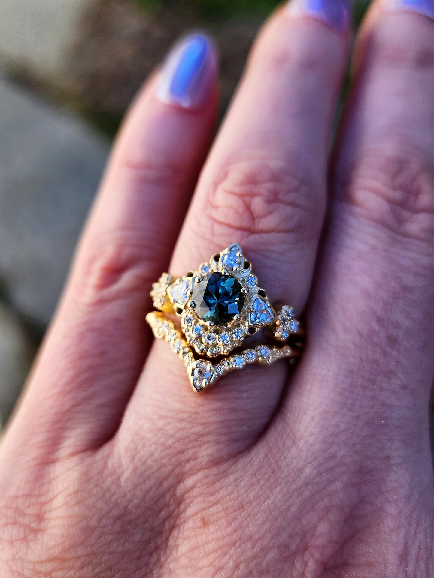 gold scroll filigree ring with teal sapphire and diamond trillions asymmetrical engagement ring set image 10