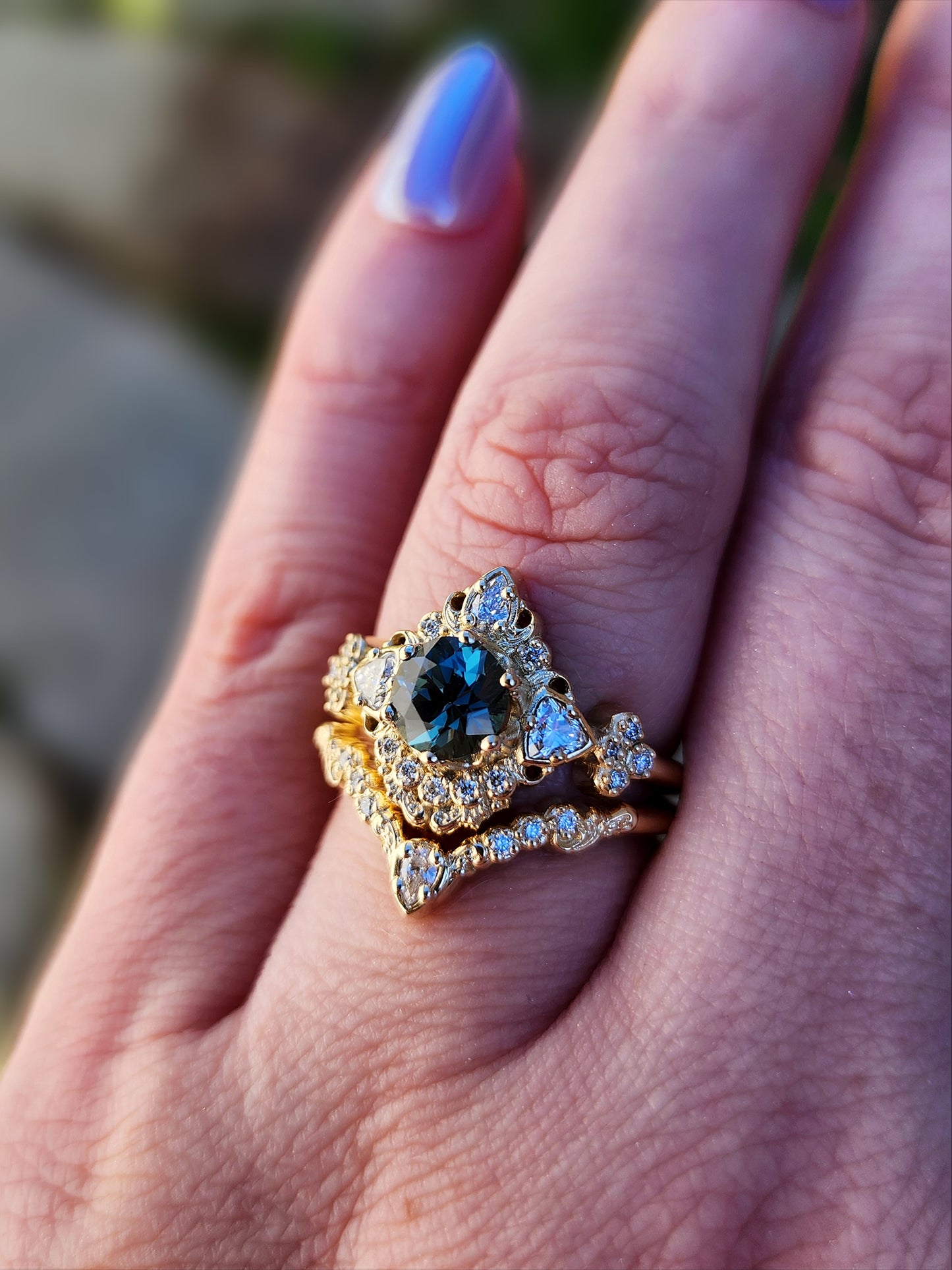 gold scroll filigree ring with teal sapphire and diamond trillions asymmetrical engagement ring set image 8