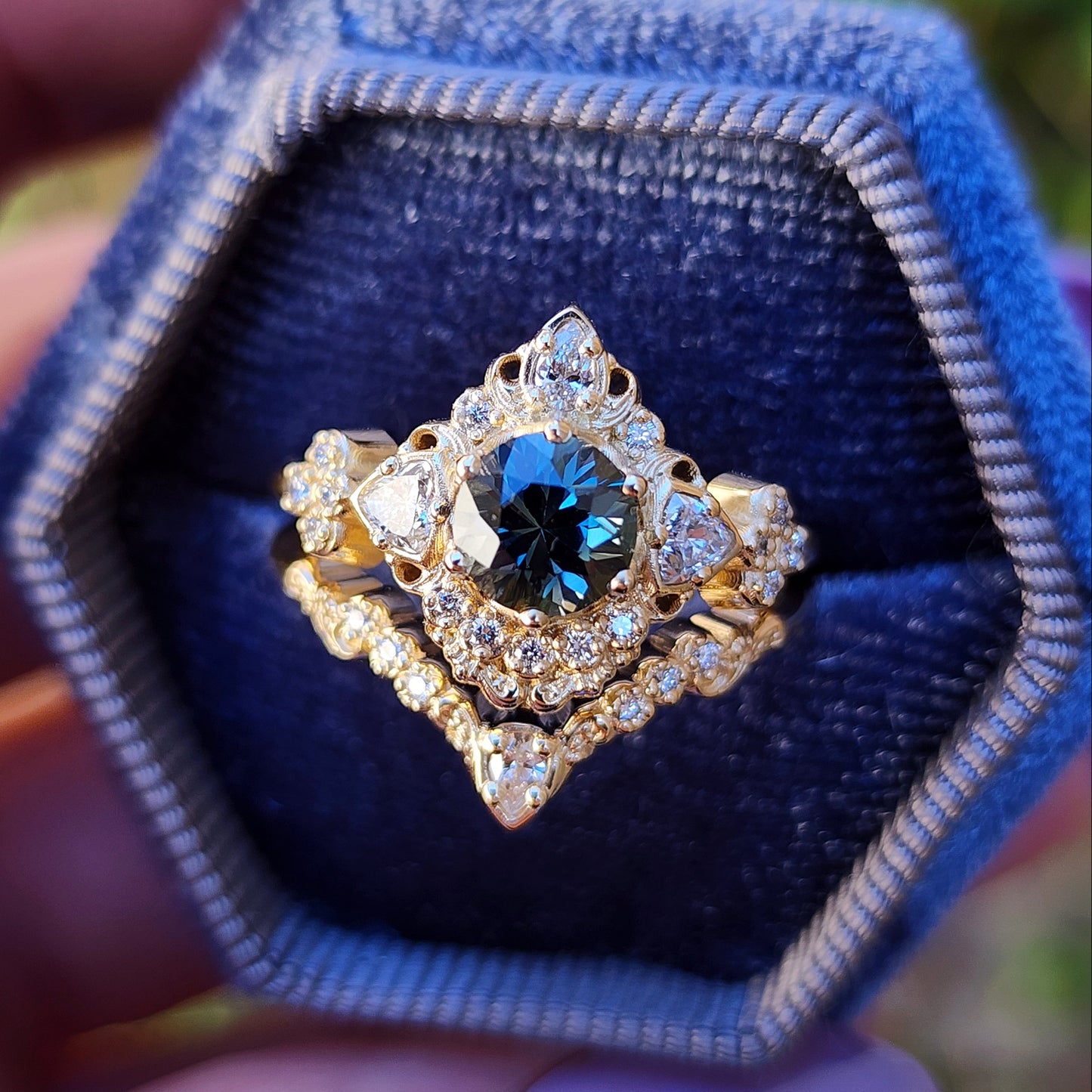 gold scroll filigree ring with teal sapphire and diamond trillions asymmetrical engagement ring set image 3