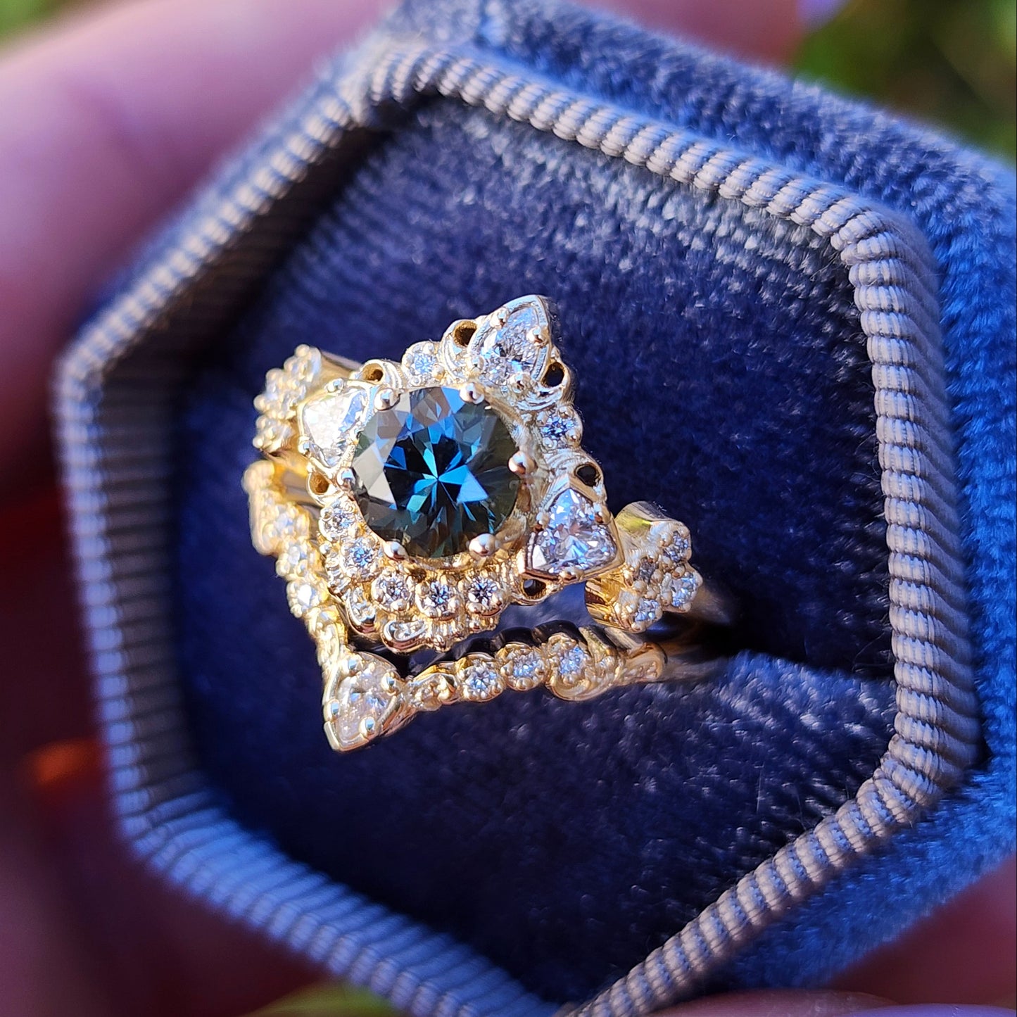 gold scroll filigree ring with teal sapphire and diamond trillions asymmetrical engagement ring set image 4