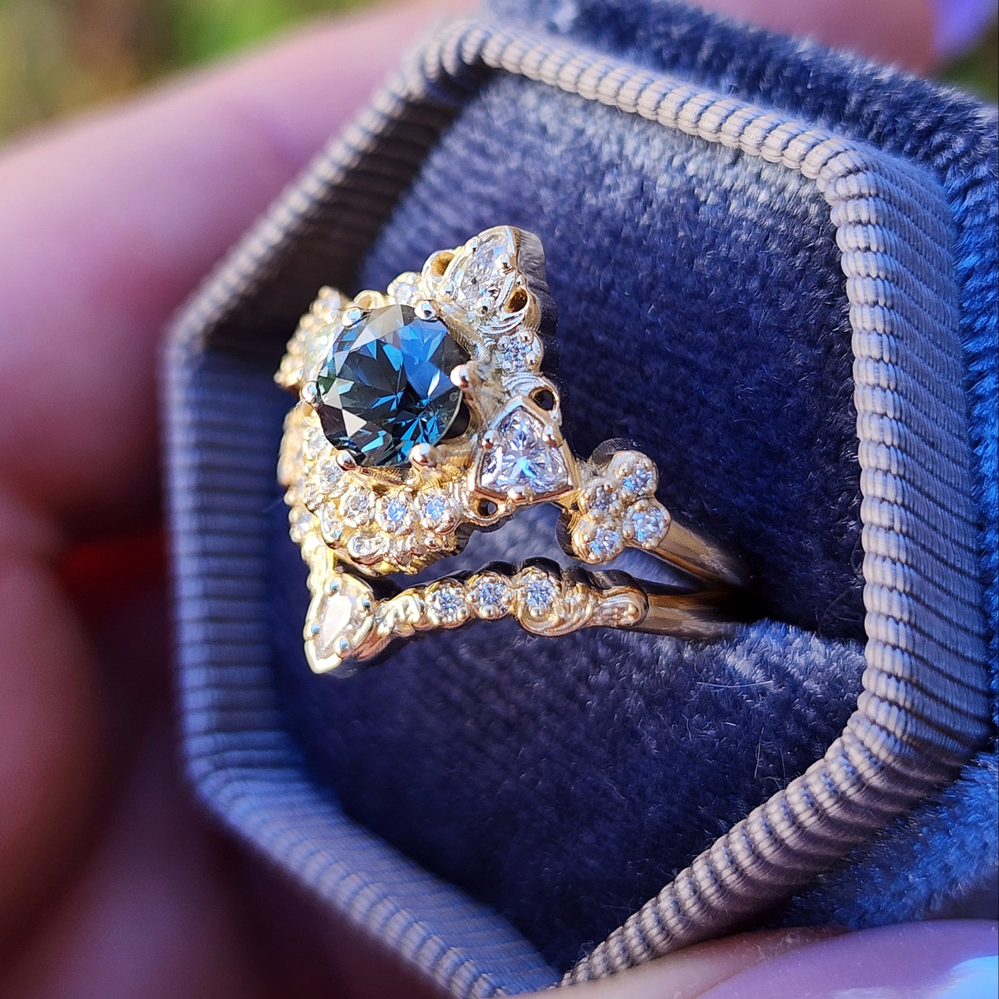 gold scroll filigree ring with teal sapphire and diamond trillions asymmetrical engagement ring set image 5