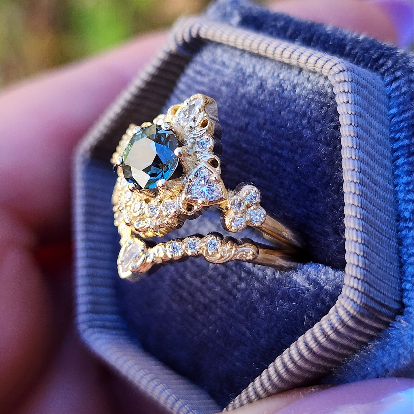 gold scroll filigree ring with teal sapphire and diamond trillions asymmetrical engagement ring set image 6