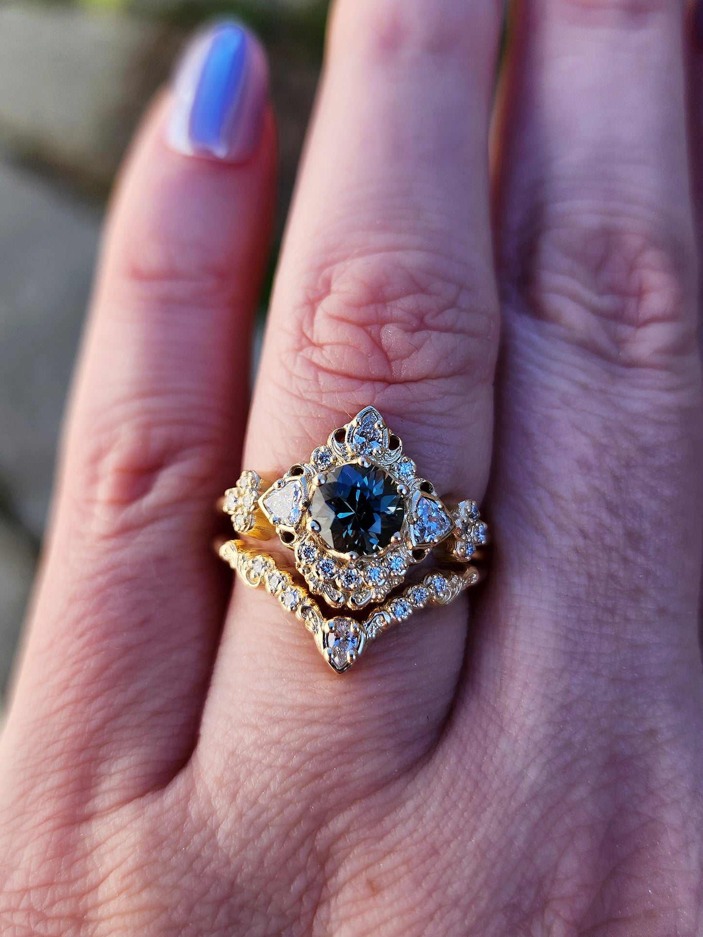 gold scroll filigree ring with teal sapphire and diamond trillions asymmetrical engagement ring set image 2