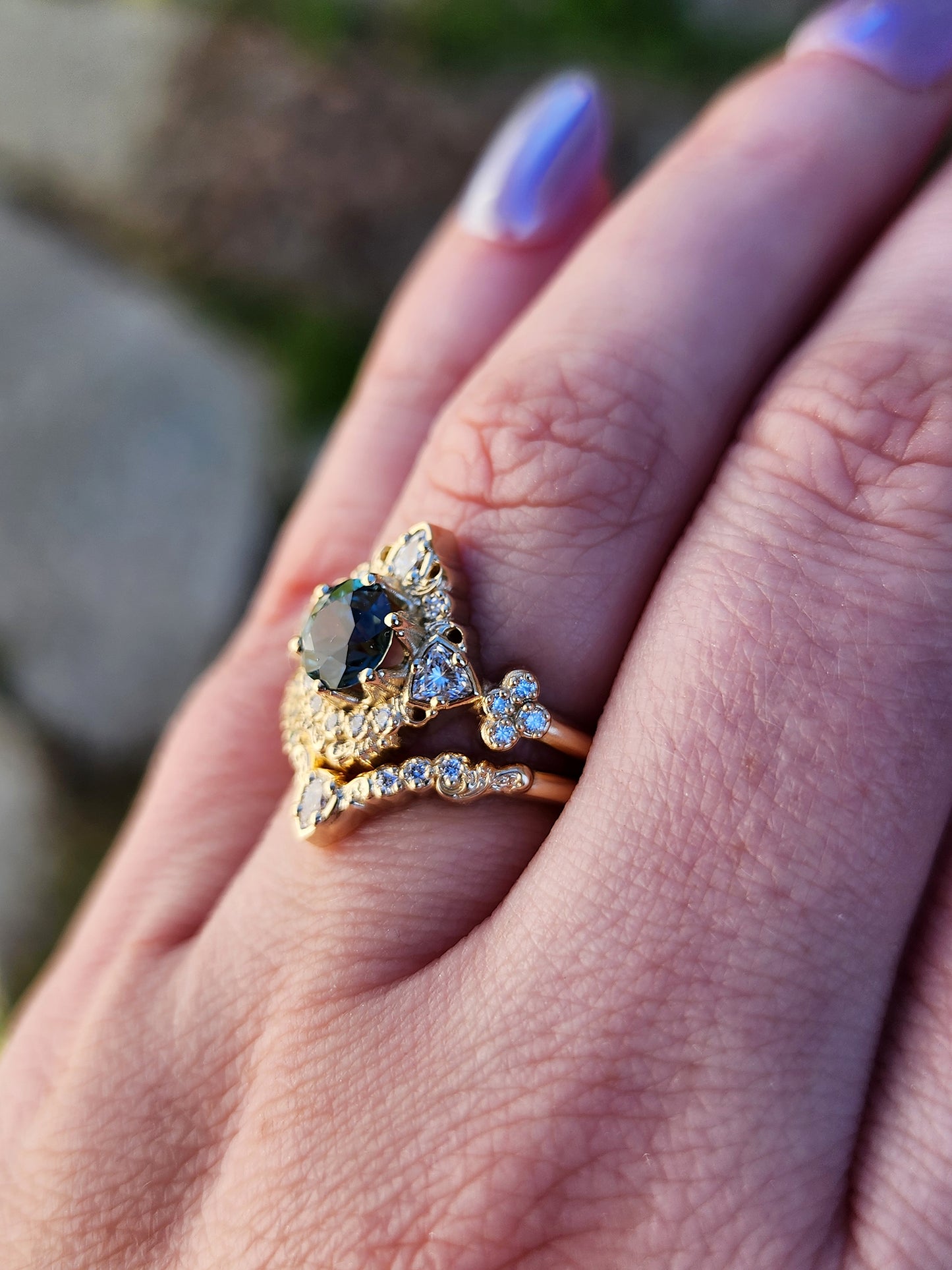 gold scroll filigree ring with teal sapphire and diamond trillions asymmetrical engagement ring set image 9