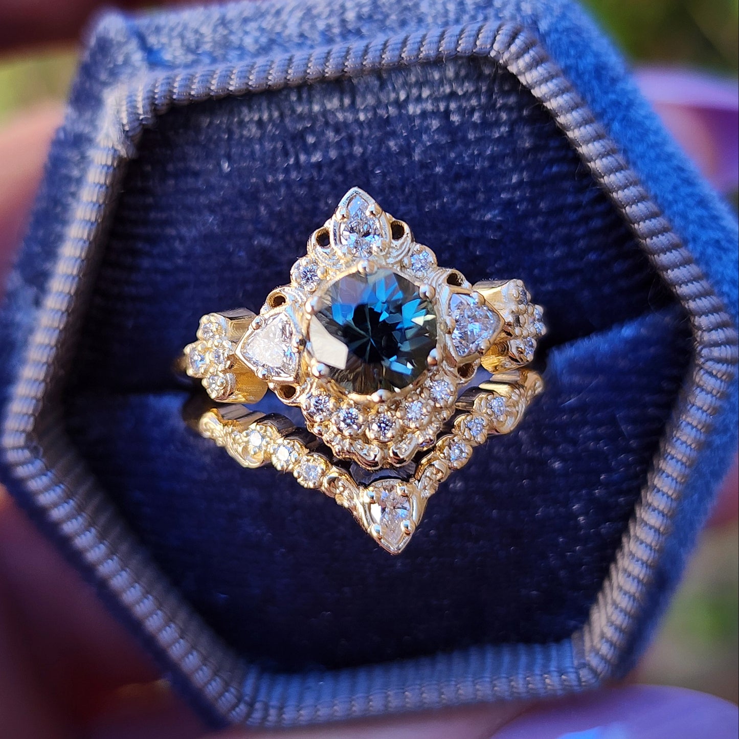 gold scroll filigree ring with teal sapphire and diamond trillions asymmetrical engagement ring set image 1