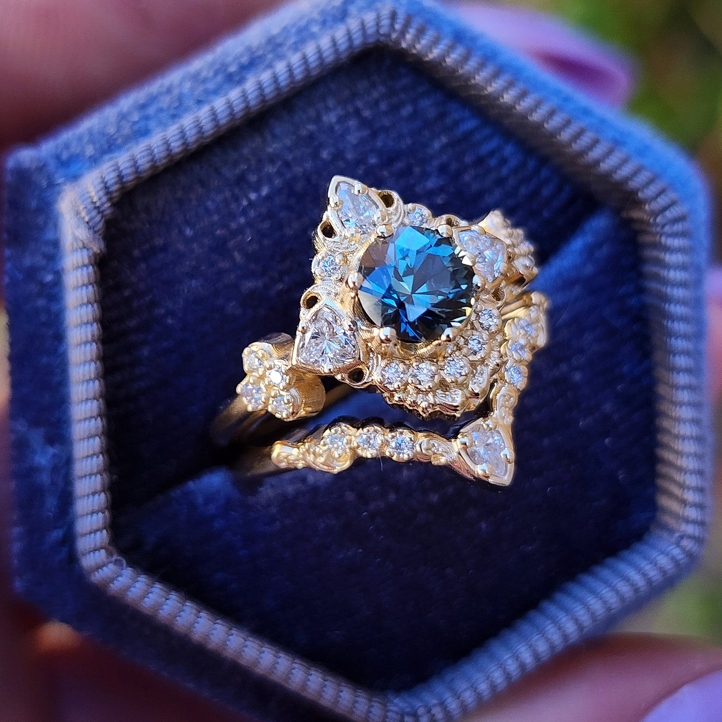 gold scroll filigree ring with teal sapphire and diamond trillions asymmetrical engagement ring set image 7