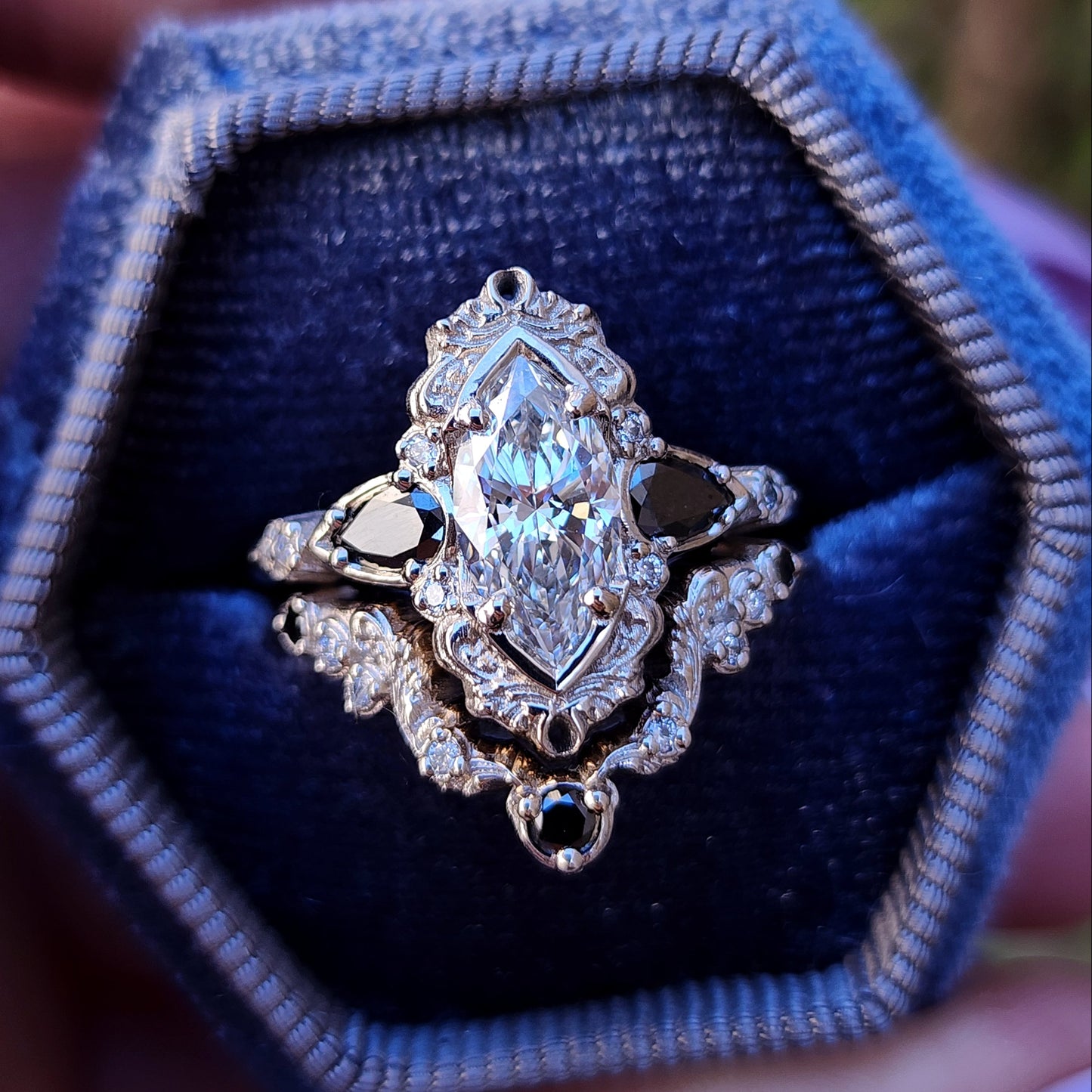 Odette antique inspired engagement ring with marquise lab diamond black diamond pears and matching wedding band image 3