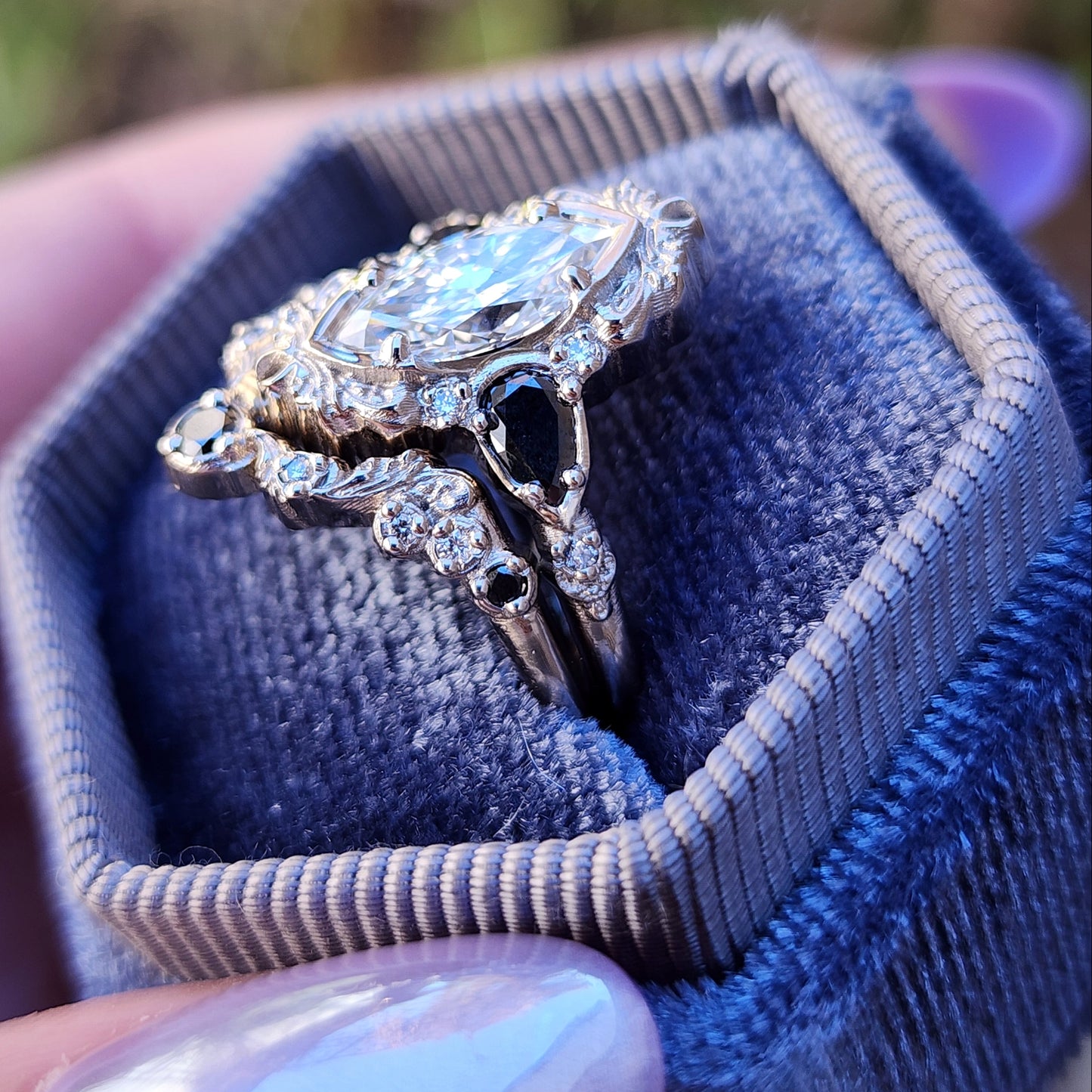 Odette antique inspired engagement ring with marquise lab diamond black diamond pears and matching wedding band image 5