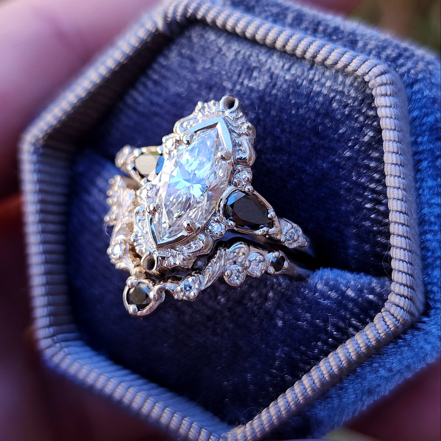 Odette antique inspired engagement ring with marquise lab diamond black diamond pears and matching wedding band image 4