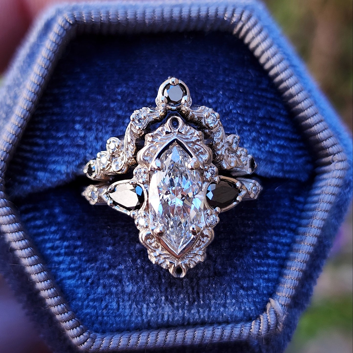 Odette antique inspired engagement ring with marquise lab diamond black diamond pears and matching wedding band image 6