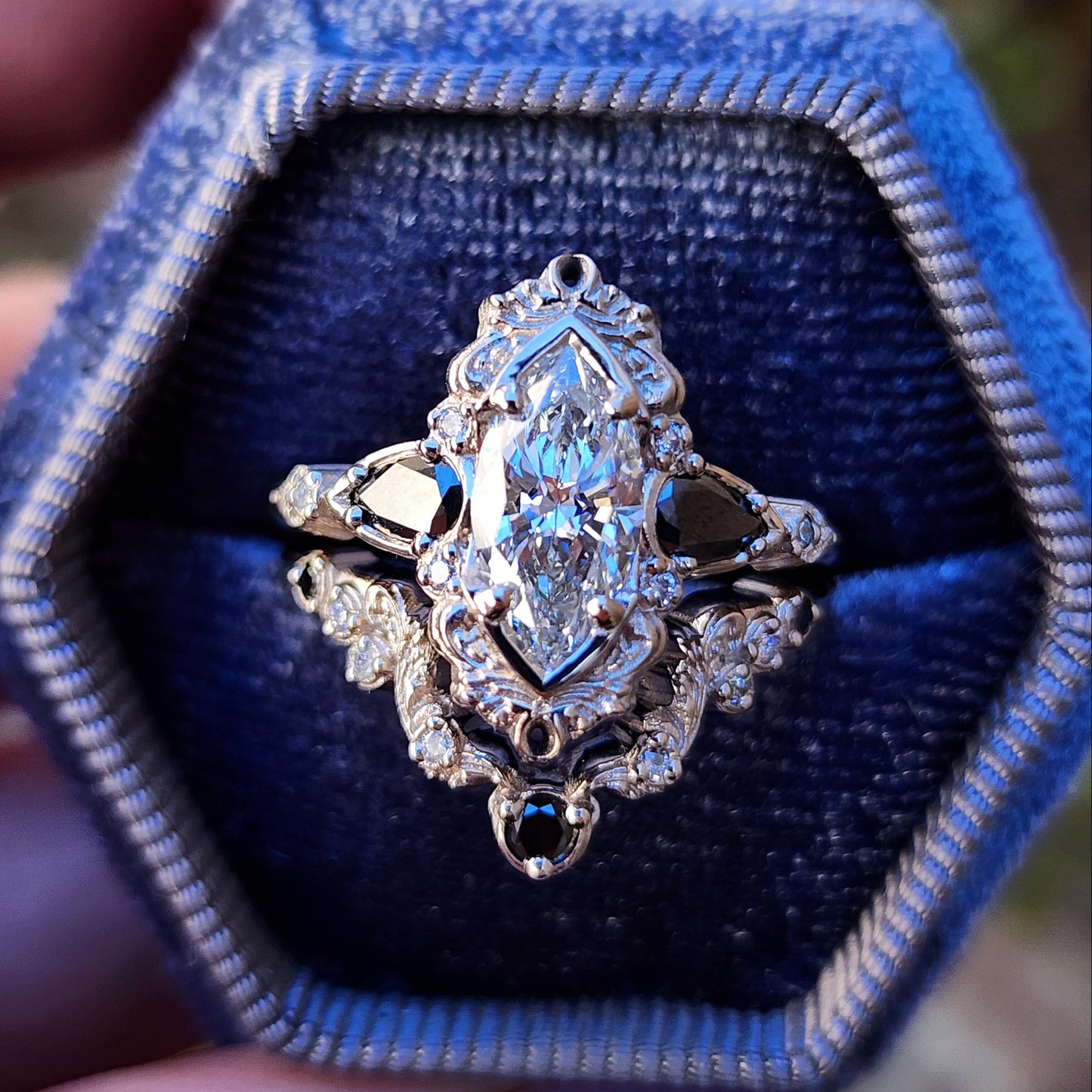 Odette antique inspired engagement ring with marquise lab diamond black diamond pears and matching wedding band image 1