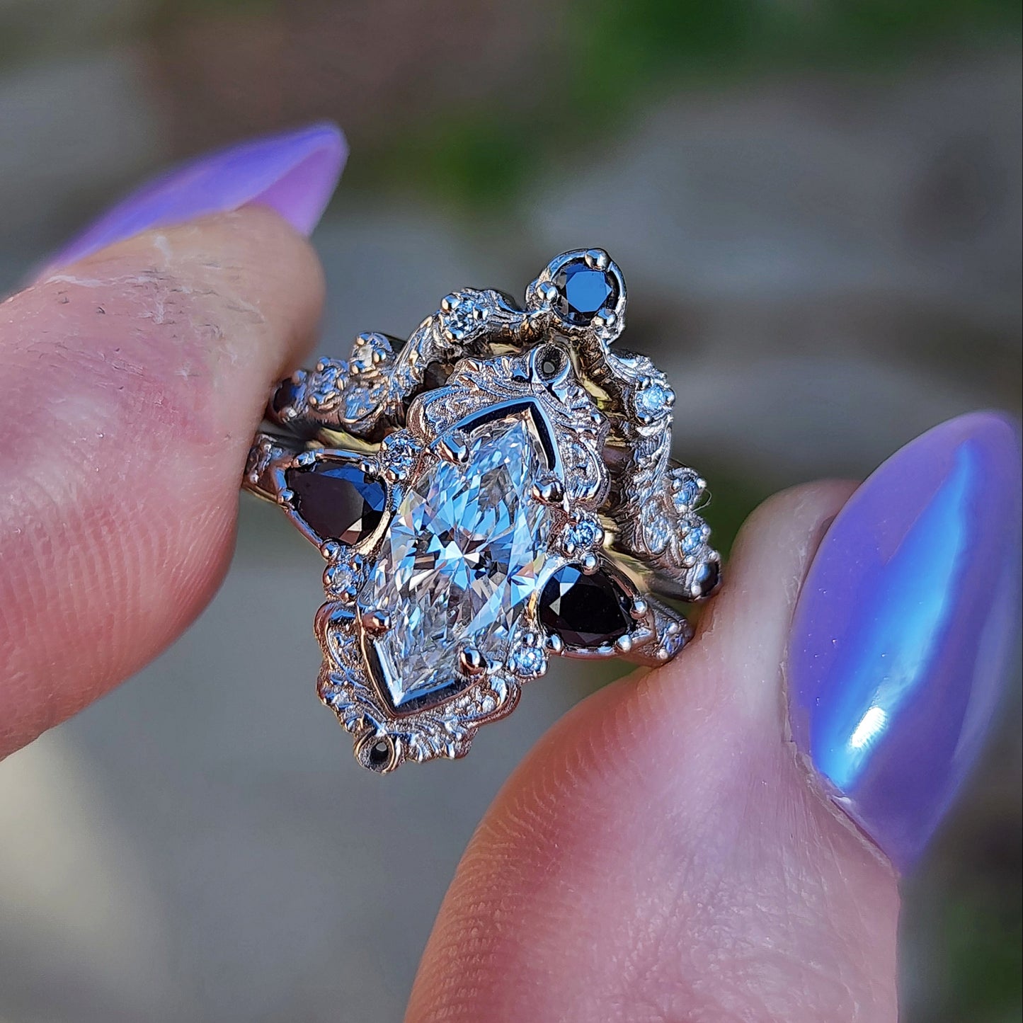 Odette antique inspired engagement ring with marquise lab diamond black diamond pears and matching wedding band image 7