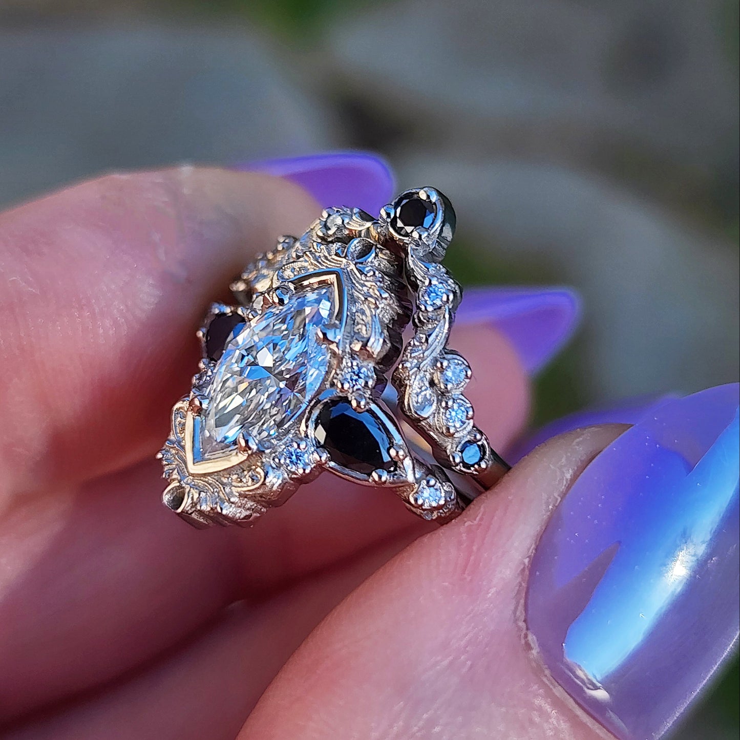 Odette antique inspired engagement ring with marquise lab diamond black diamond pears and matching wedding band image 8