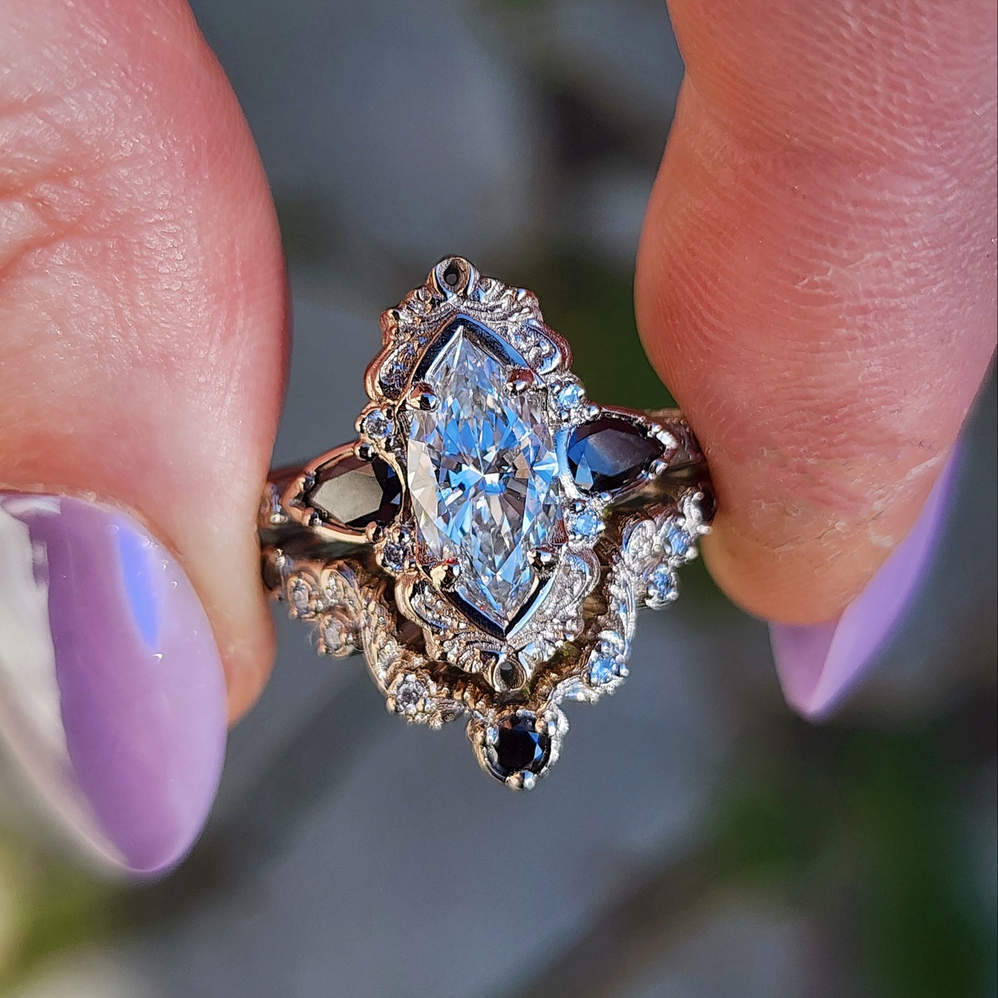 Odette antique inspired engagement ring with marquise lab diamond black diamond pears and matching wedding band image 2