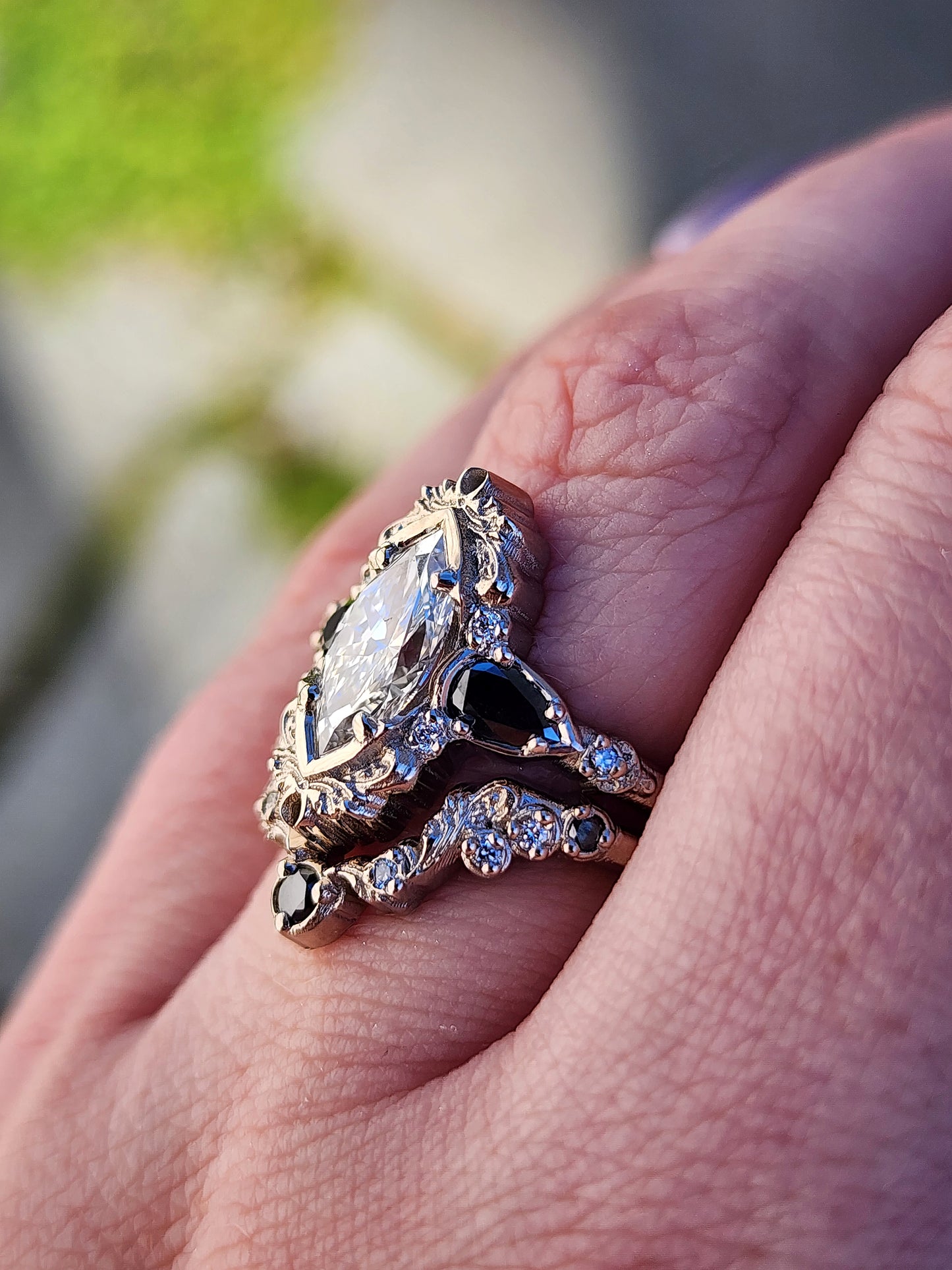 Odette antique inspired engagement ring with marquise lab diamond black diamond pears and matching wedding band image 10