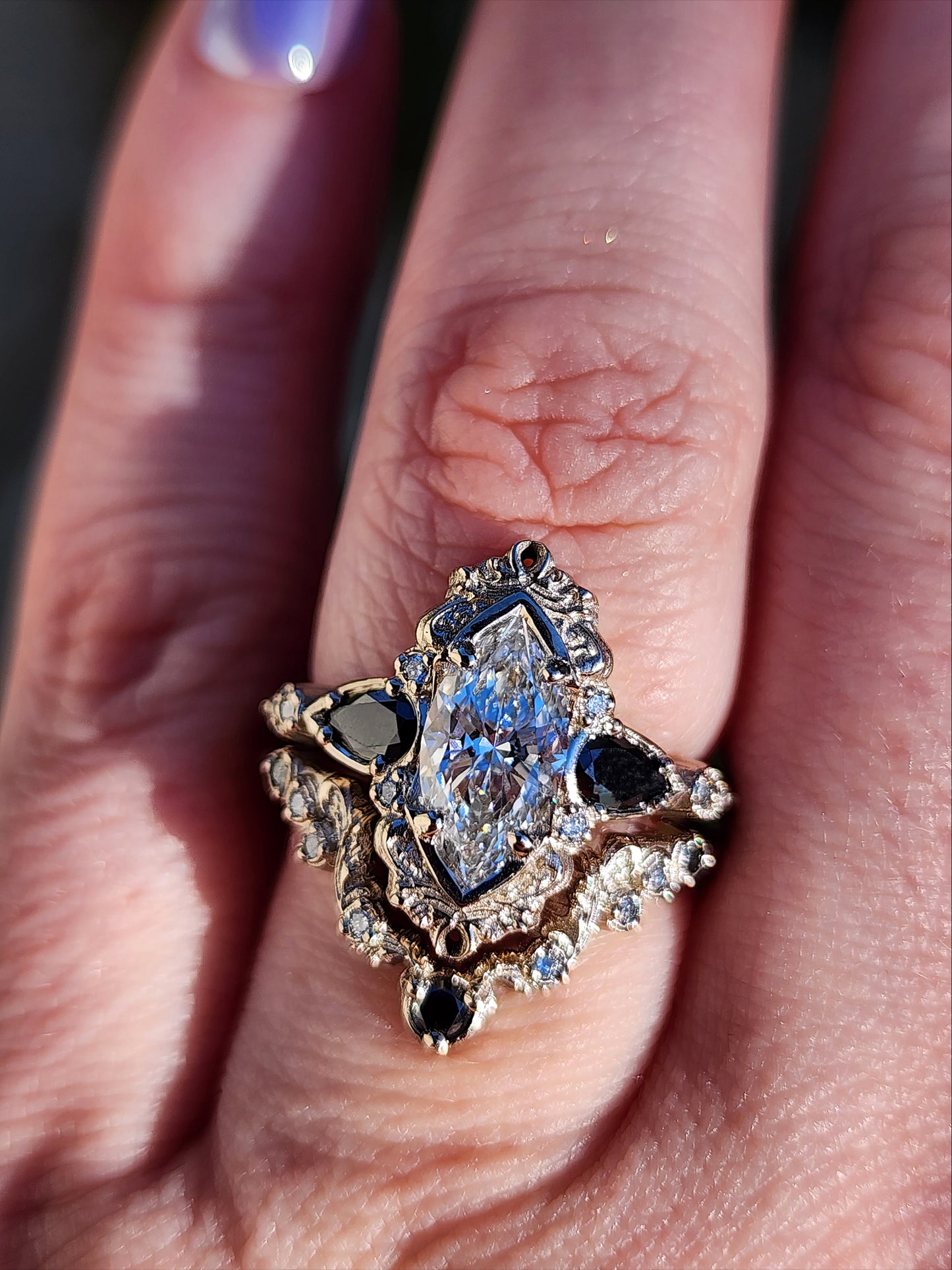 Odette antique inspired engagement ring with marquise lab diamond black diamond pears and matching wedding band image 9