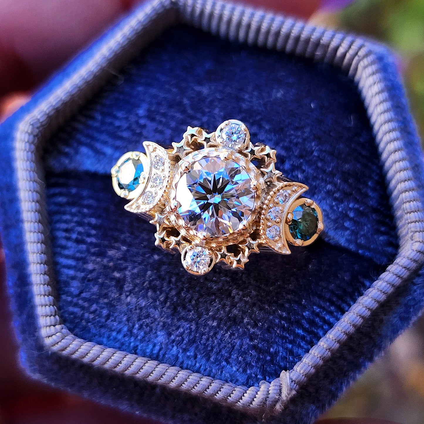 Blue diamond Cosmos moon ring with stars and pearl sunray wedding band and pave diamond chevron side band 14k yellow gold image 1