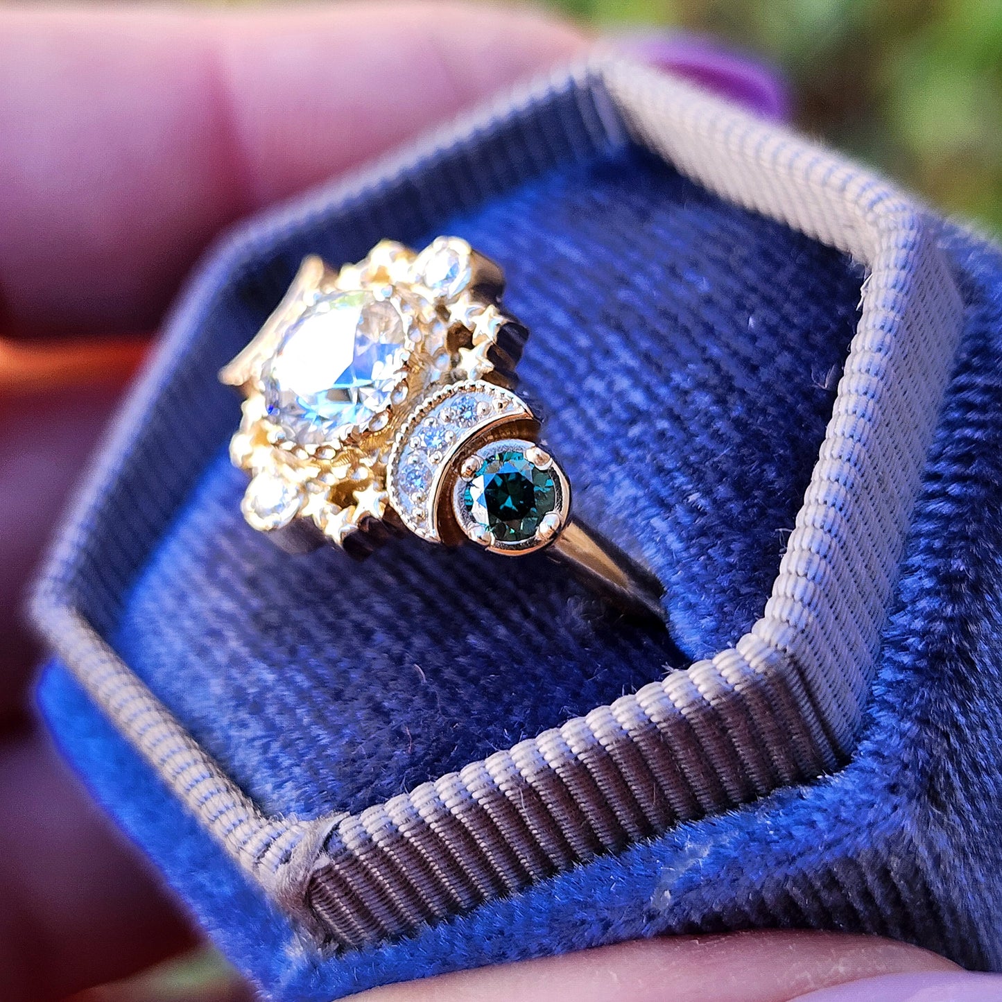 Blue diamond Cosmos moon ring with stars and pearl sunray wedding band and pave diamond chevron side band 14k yellow gold image 5