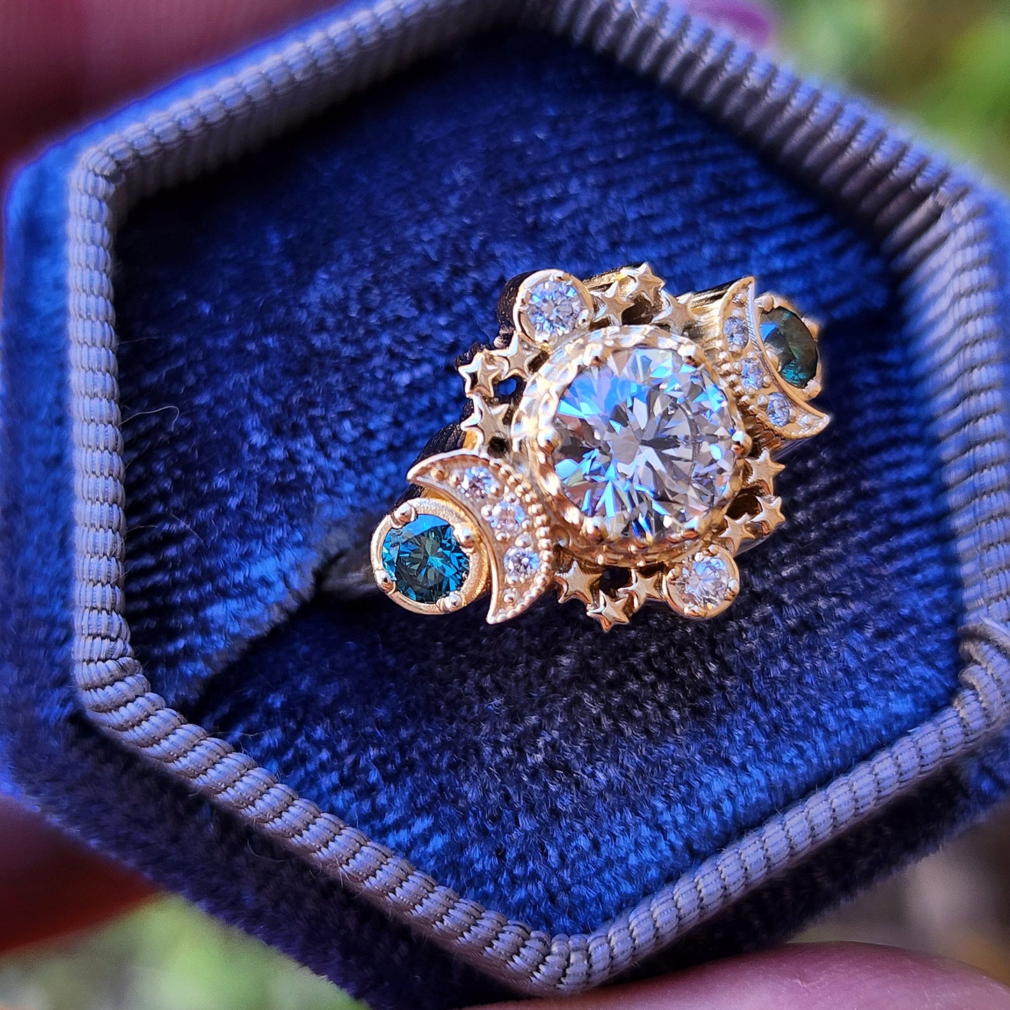 Blue diamond Cosmos moon ring with stars and pearl sunray wedding band and pave diamond chevron side band 14k yellow gold image 3