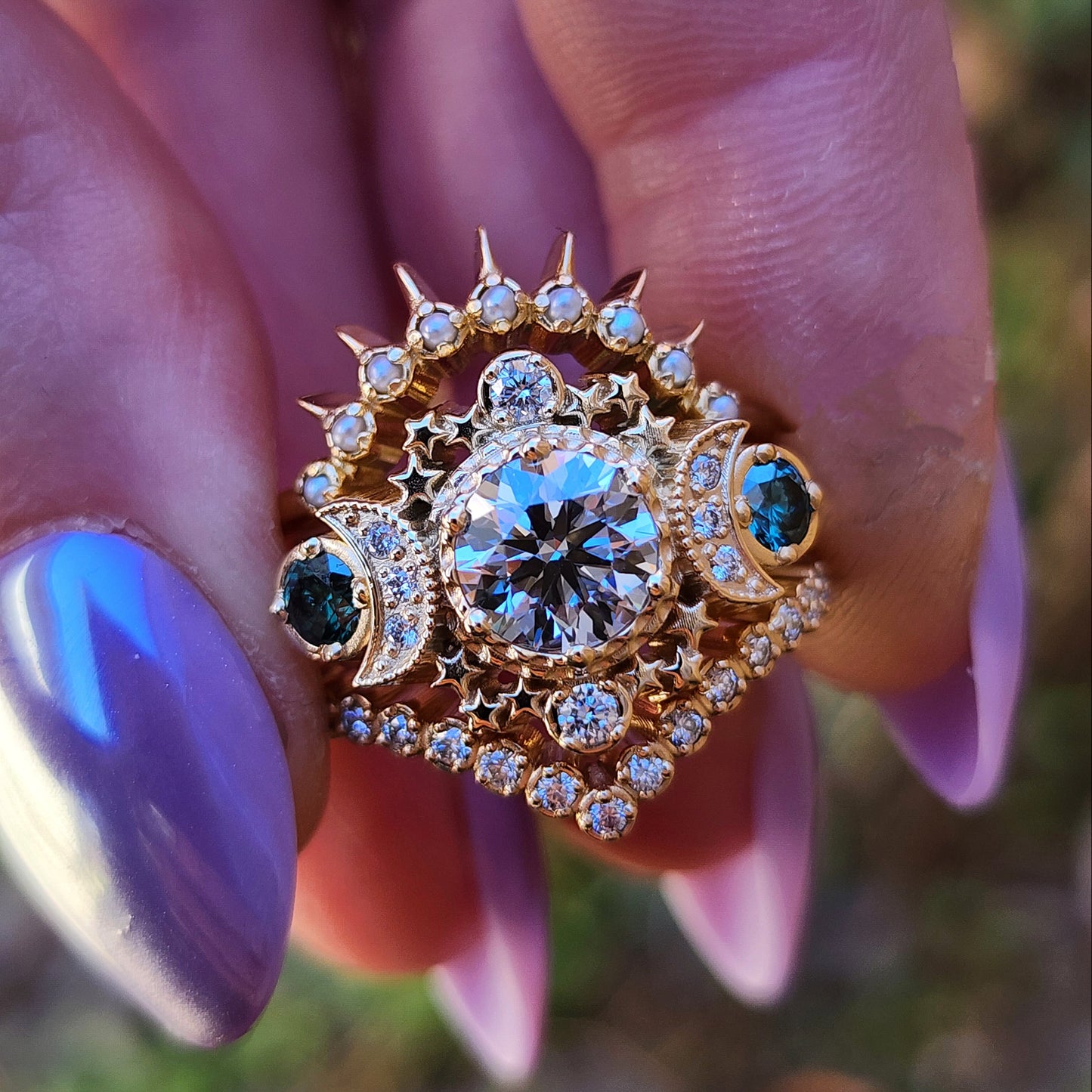 Blue diamond Cosmos moon ring with stars and pearl sunray wedding band and pave diamond chevron side band 14k yellow gold image 2