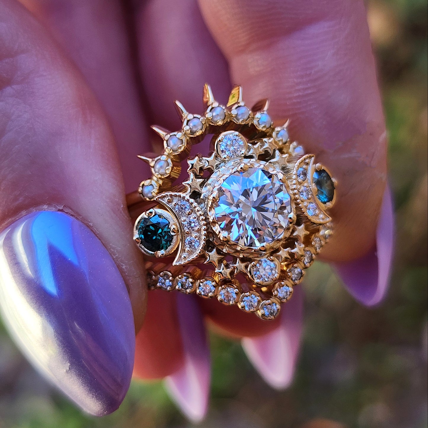 Blue diamond Cosmos moon ring with stars and pearl sunray wedding band and pave diamond chevron side band 14k yellow gold image 5