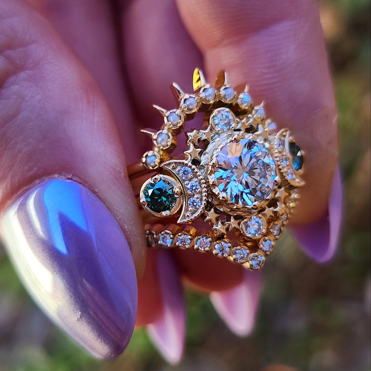 Blue diamond Cosmos moon ring with stars and pearl sunray wedding band and pave diamond chevron side band 14k yellow gold image 7