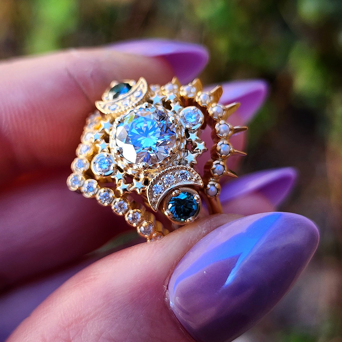 Blue diamond Cosmos moon ring with stars and pearl sunray wedding band and pave diamond chevron side band 14k yellow gold image 8