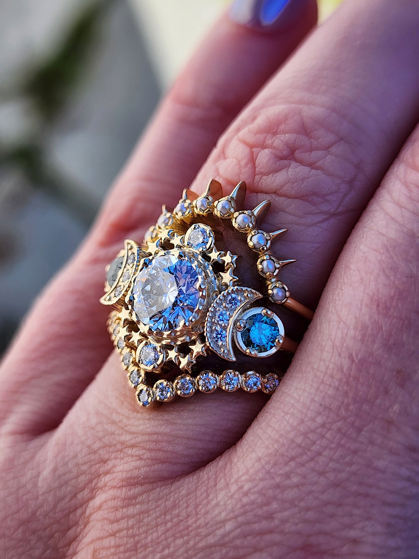 Blue diamond Cosmos moon ring with stars and pearl sunray wedding band and pave diamond chevron side band 14k yellow gold image 11