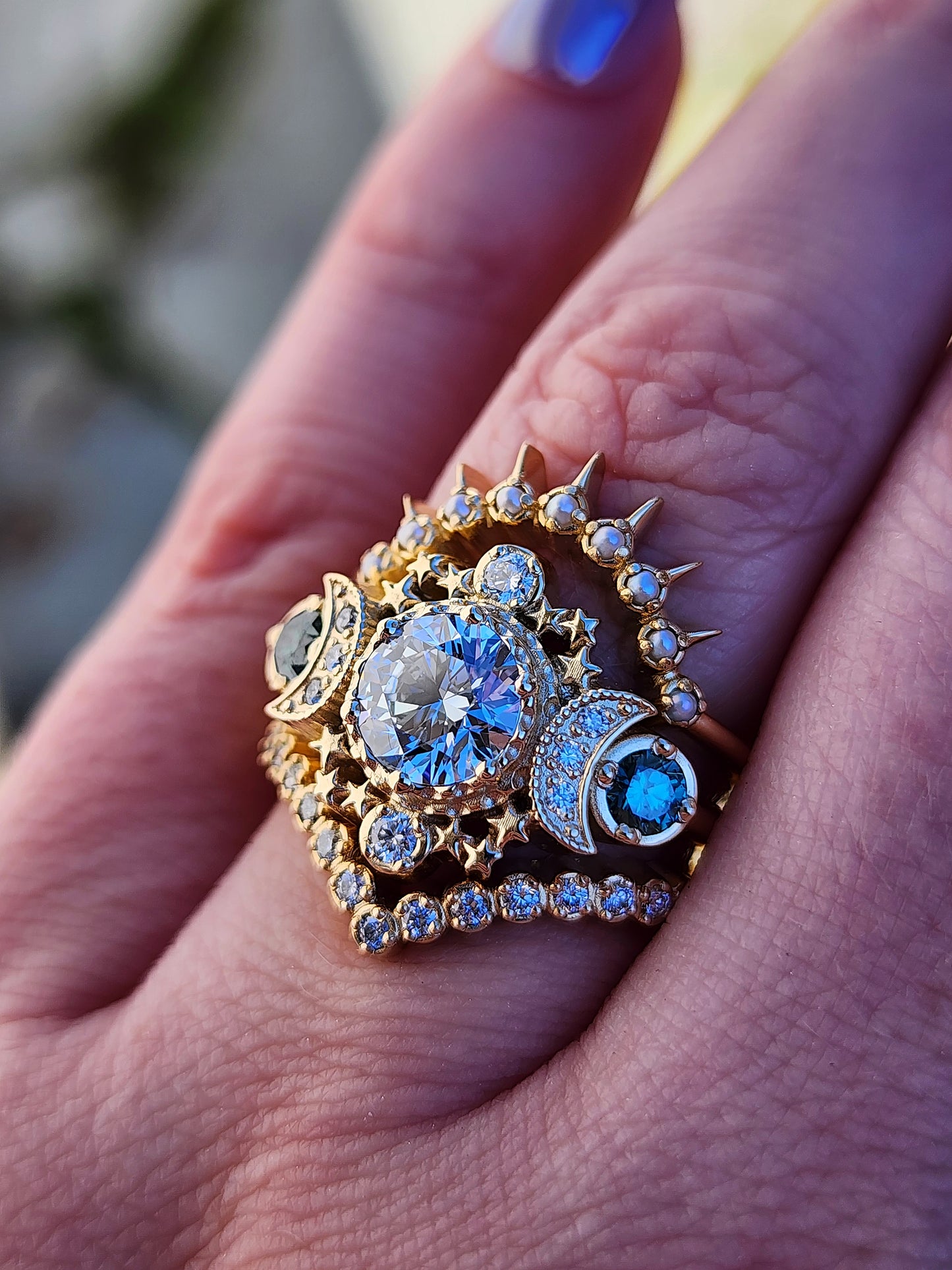 Blue diamond Cosmos moon ring with stars and pearl sunray wedding band and pave diamond chevron side band 14k yellow gold image 10