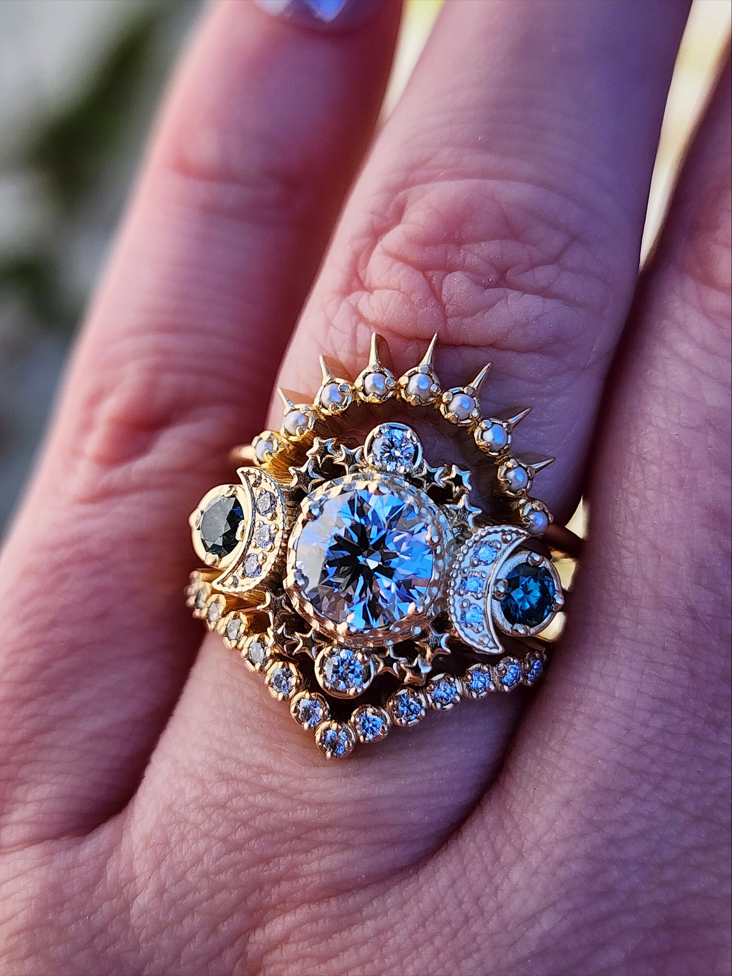 Blue diamond Cosmos moon ring with stars and pearl sunray wedding band and pave diamond chevron side band 14k yellow gold image 9