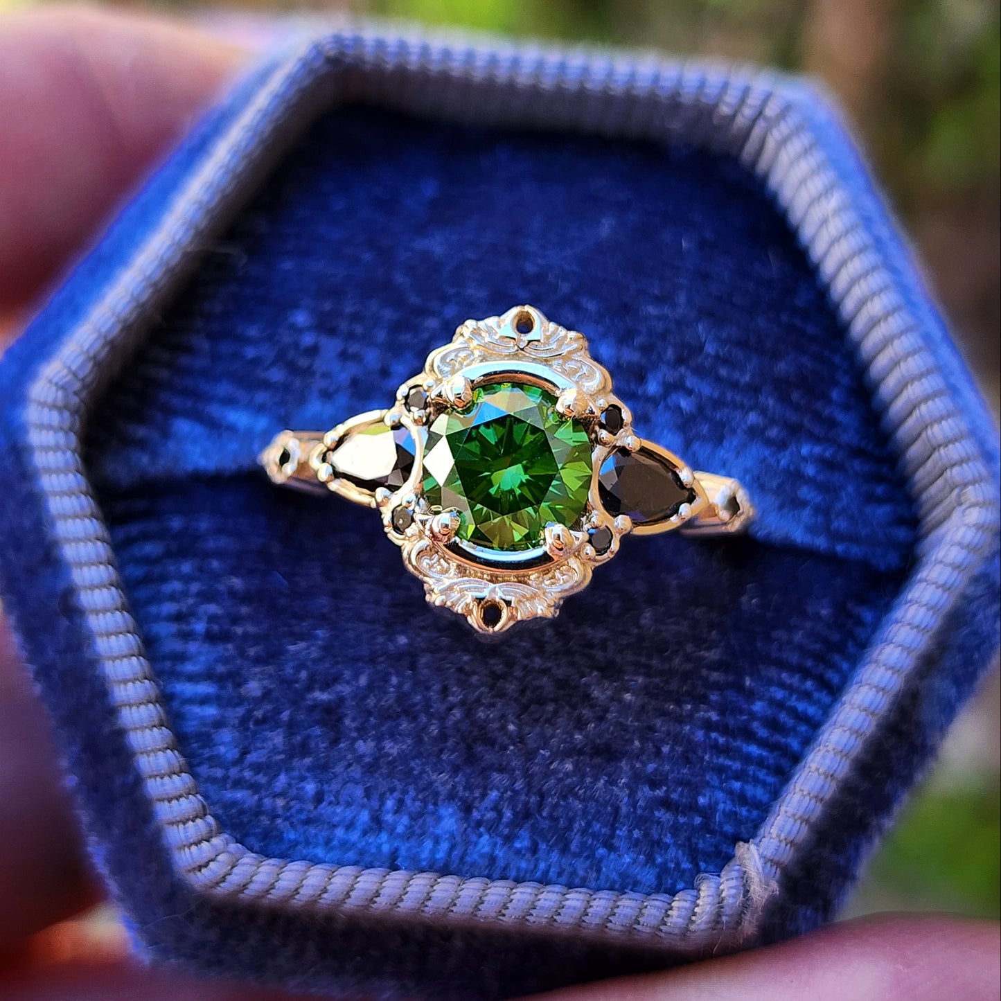 1 carat green diamond Victorian gothic engagement ring set with black diamonds 14k yellow gold image 3