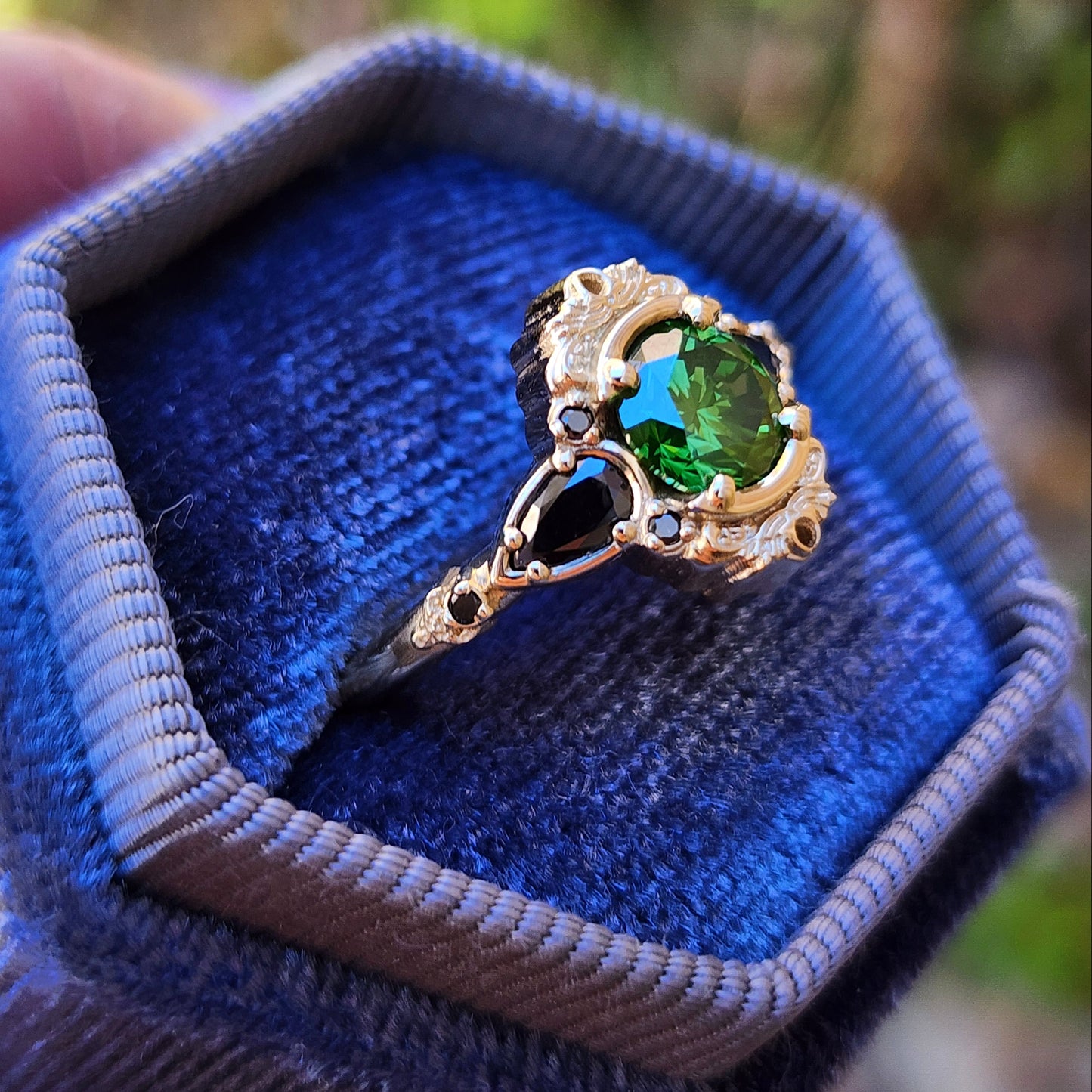 1 carat green diamond Victorian gothic engagement ring set with black diamonds 14k yellow gold image 6